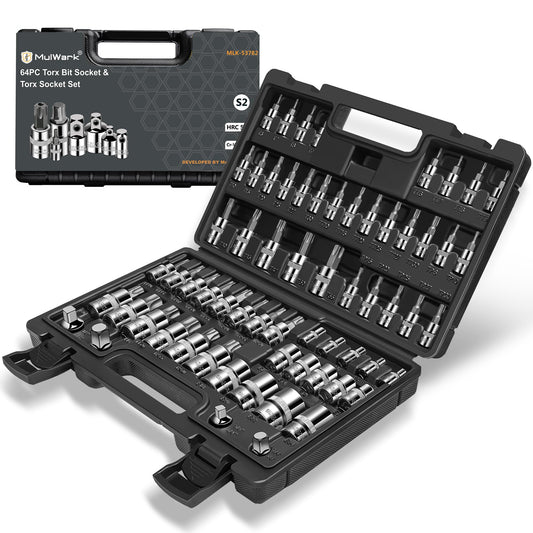 MulWark 64-Piece Master-Torx-Automotive-Mechanics-Tool | 3/8, 1/4, 1/2 in. Drive Torx Bit Socket Set and External Torx Socket Set w./ Impact Adapter and Reducer | S2 and Cr-V Steel