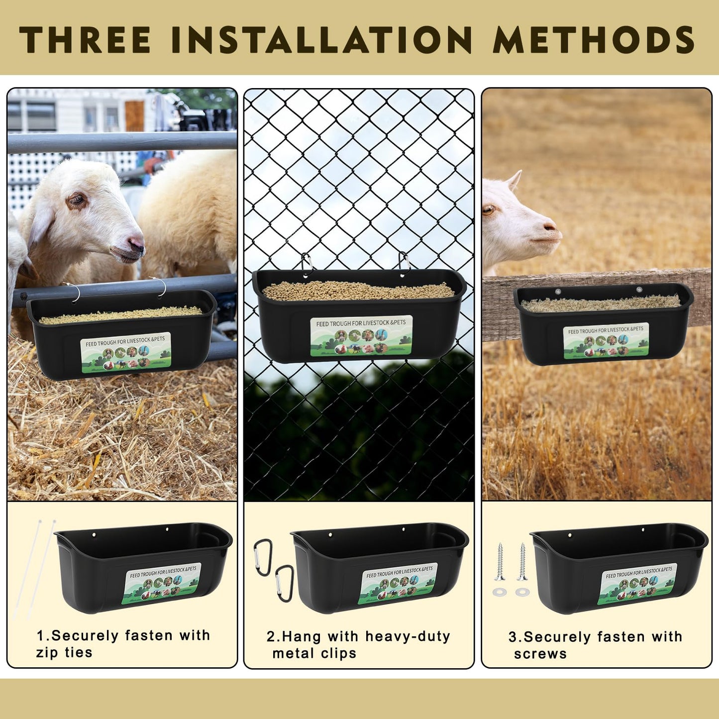 10 Pack Fence Feed Feeder 4.5 Quart Hanging Chicken Feeder Trough with Brush & Scoop Black Goat Hanging Fence Feeders Feeder with Hooks Screws & Zip Tie for Livestock Feeding Container Goats Supplies