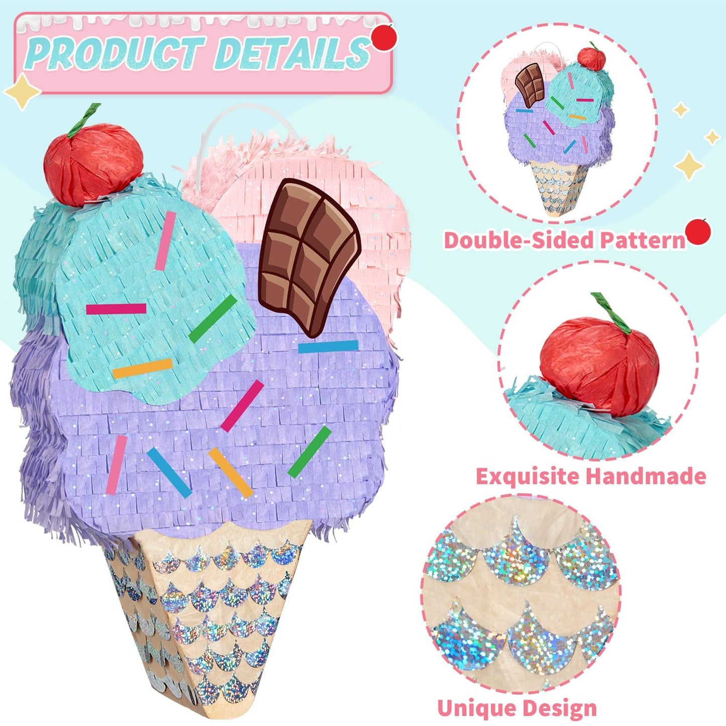 WERNNSAI Ice Cream Pinata - Sweet birthday Pinata with Blindfold and Stick for Summer Ice Cream Birthday Party Decoration Supplies Baby Shower Celebration Supplies