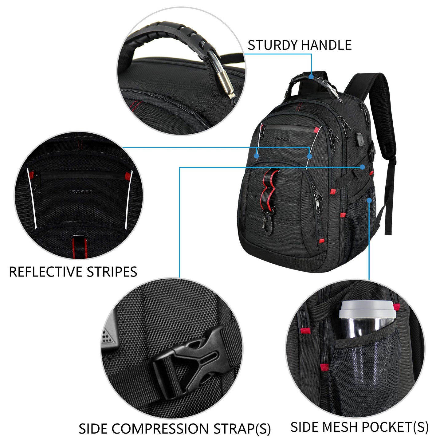 KROSER Travel Laptop Backpack 18.4 Inch Large Computer Backpack Stylish College Backpack with USB Charging Port & RFID Pockets Water-Repellent Day pack for School/Business/Men/Women-Black
