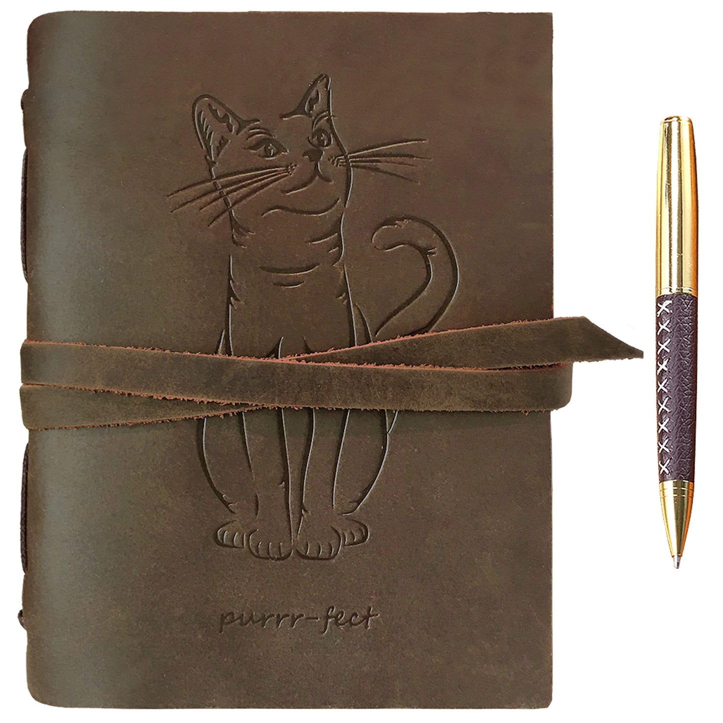 Genuine Leather Journal - Embossed Cat Design | Carnet de Notes en Cuir Journal avec Motif Chat | Beautiful A5 Handmade Travel Diary, Vintage Writing Bound Notebook Antique Soft Rustic 6"x8" | 21x15 cm Engraved Unlined Paper for Notes Perfect Sketchbook +