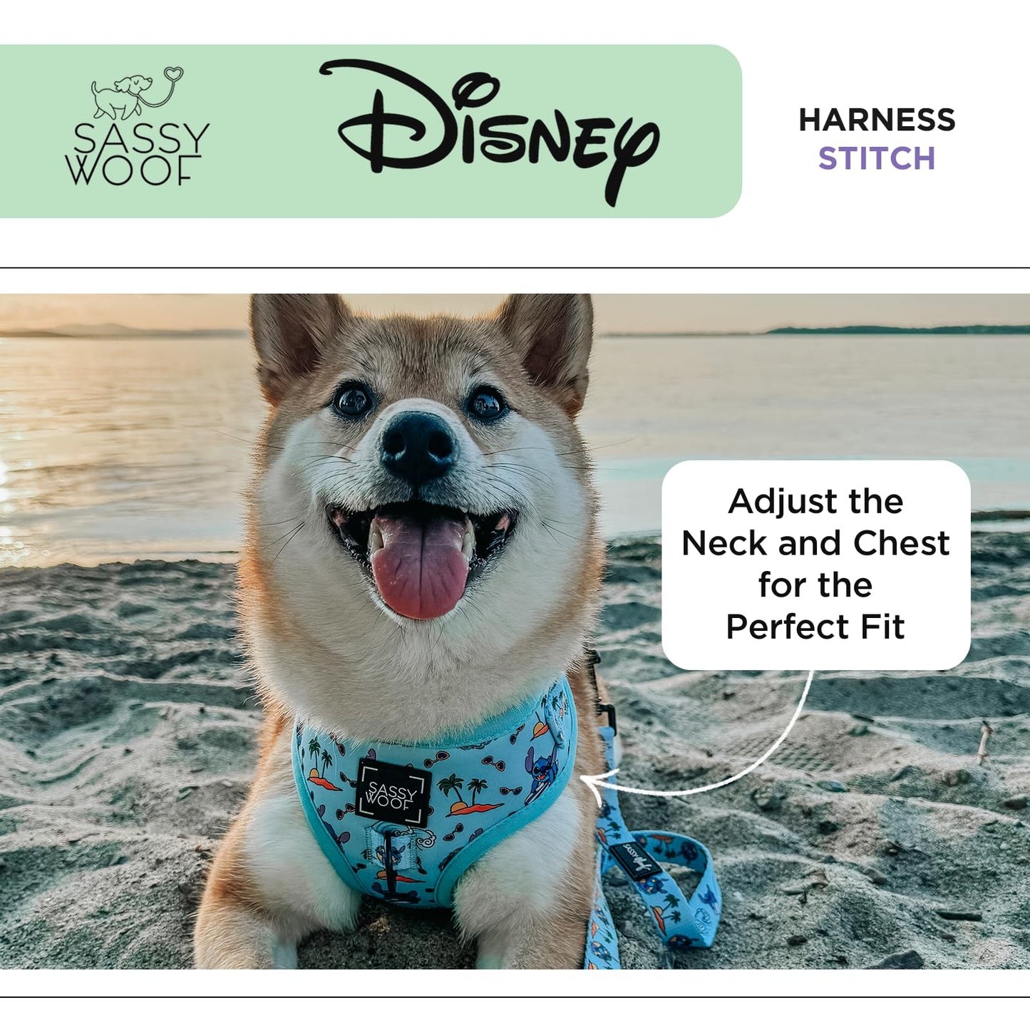 Sassy Woof Dog Adjustable Harness - Disney Stitch - L, Breathable Mesh, No Pull Design with Two D-Rings, Patented Design, Ideal for Large Dogs - Officially Licensed
