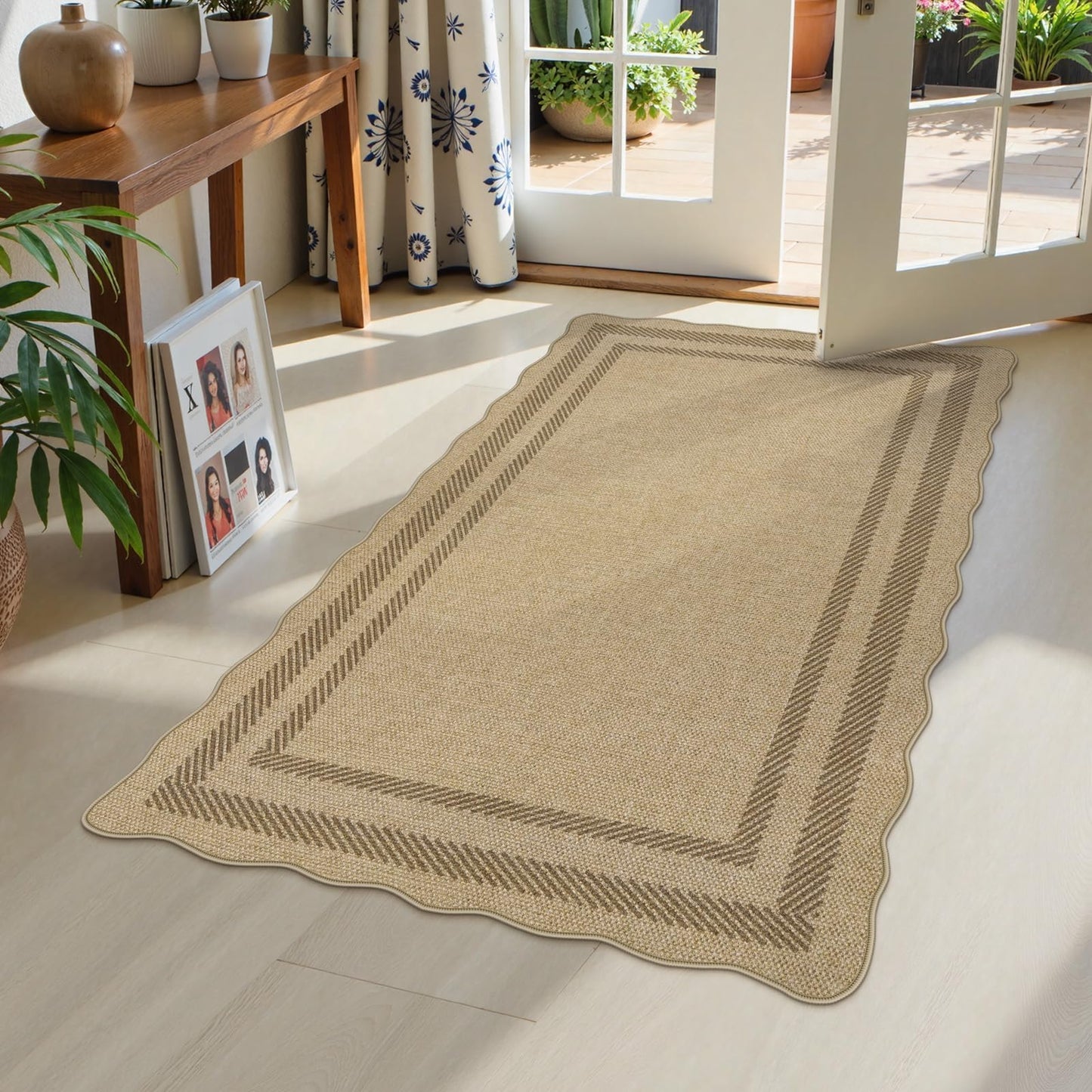 LIVEBOX Farmhouse Washable 3x5 Kitchen Rug, Easy Jute Geometri Tan Rugs for Entryway, Indoor Outdoor Scalloped Rug Boho Morden Carpet Door Mat Area Rug for Bedroom Laundry Room Hallway