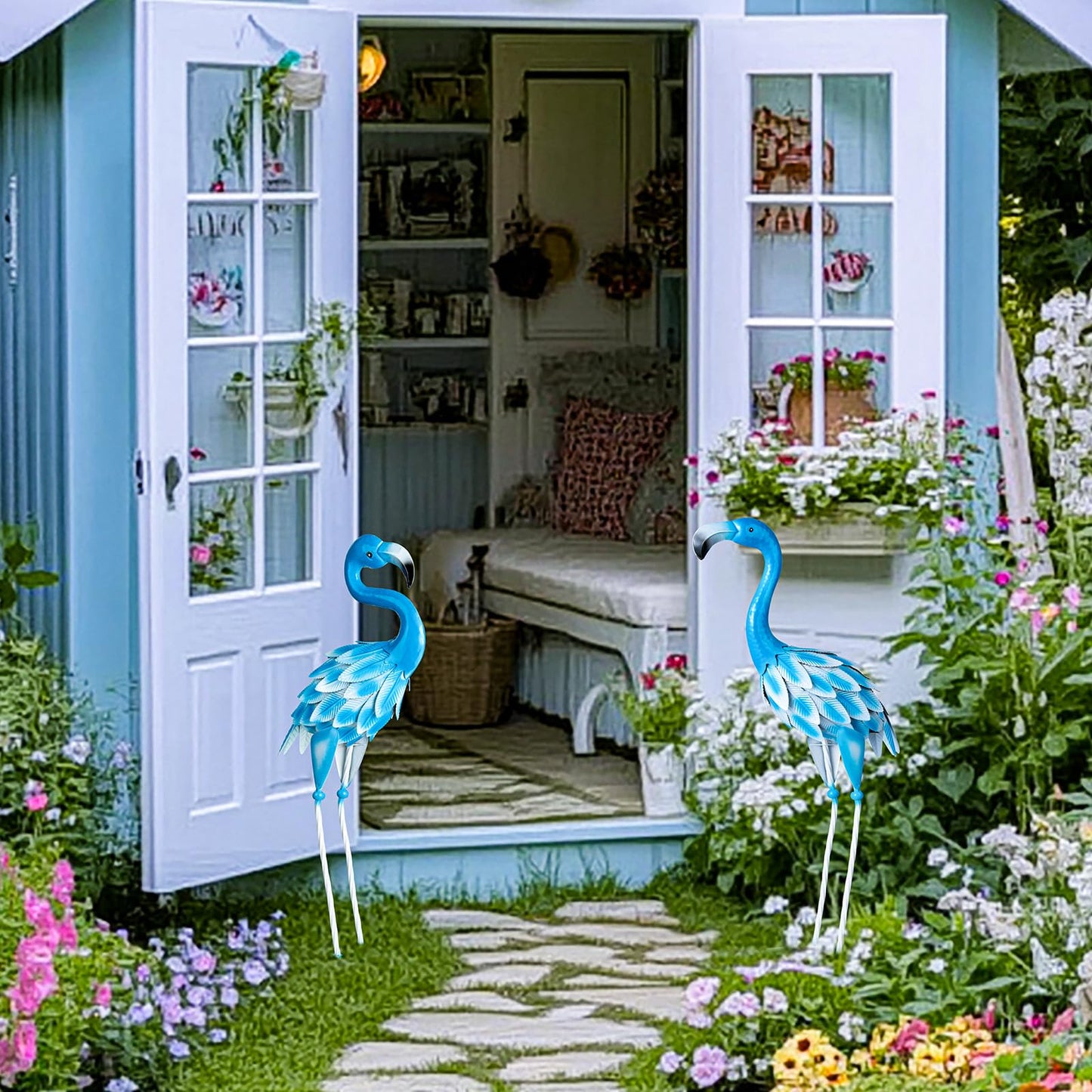 Set of 2 Flamingo Outdoor Statues, Metal Yard Flamingo for Garden Patio Lawn Backyard Decoration (Blue)