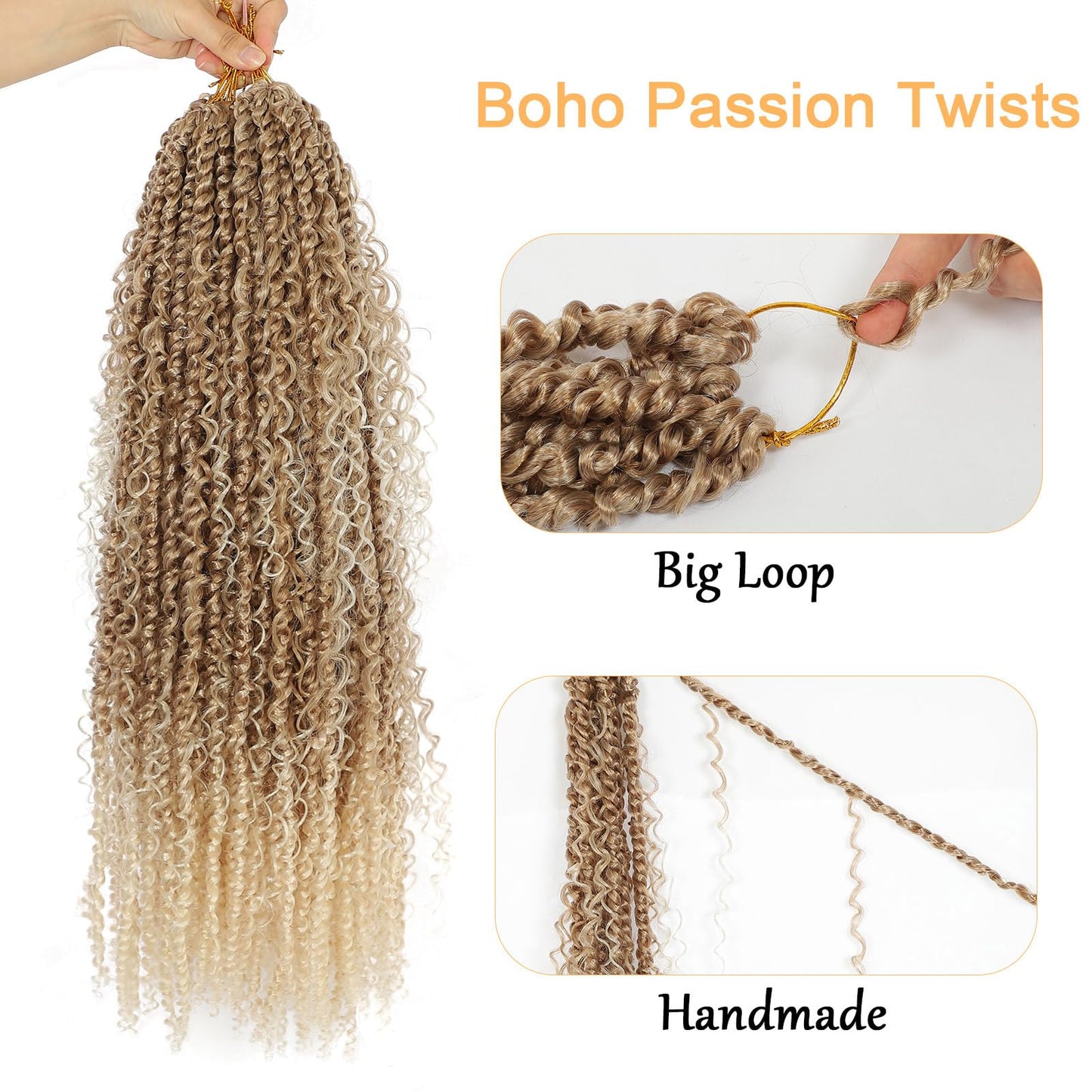 Boho Style Passion Twist Hair 22inch Long Pre-Twisted Crochet Goddess Passion Twist Hair 8Pack Pre Looped Curly Crochet Hair Bohemian Omre Brown Blonde New Passion Twist Crochet Hair fpr Women,T27/613