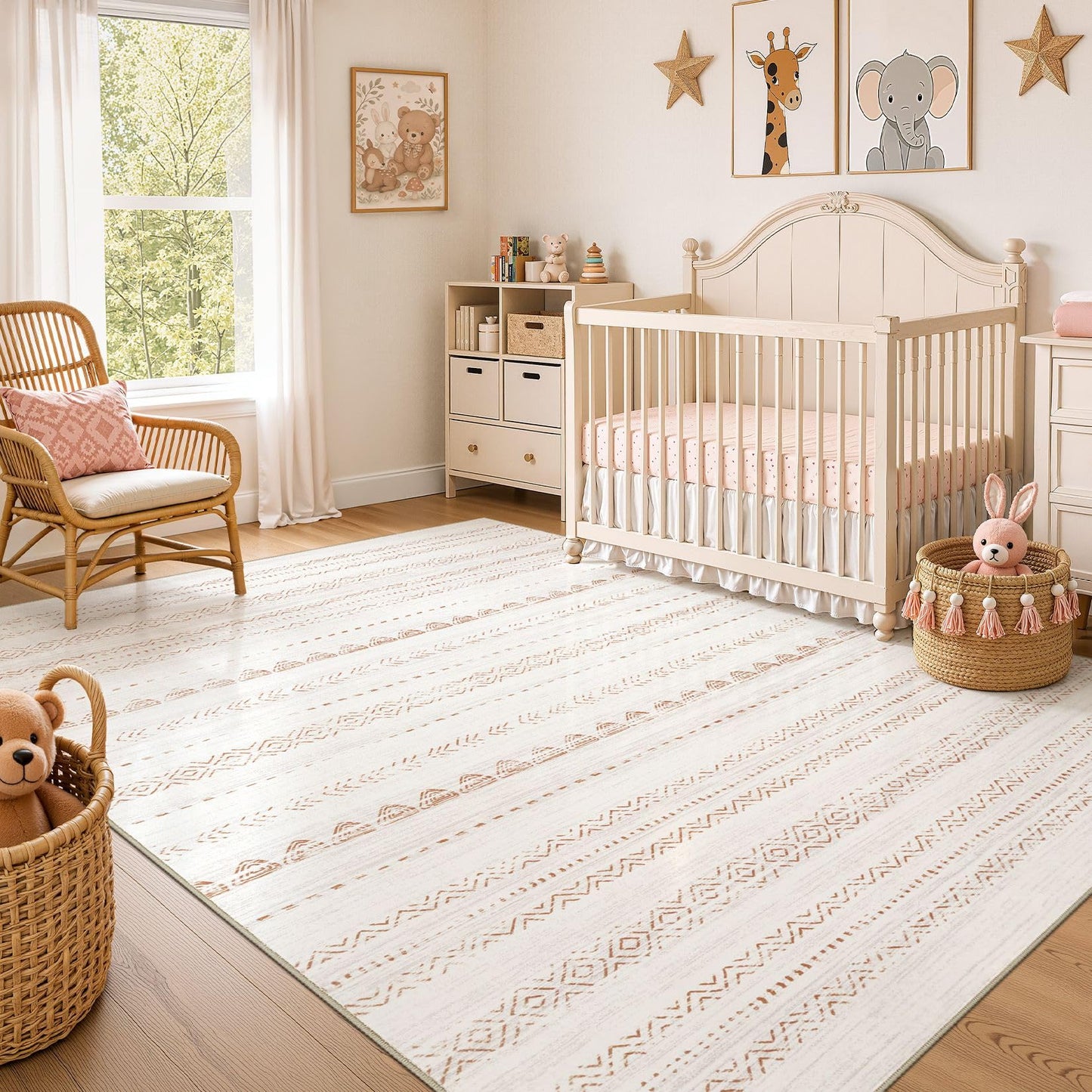 Nakagishi Area Rug Living Room Rugs: 5x7 Washable Boho Large Neutral Farmhouse Soft Moroccan Stain Resistant Indoor Carpet for Bedroom Nursery Kids Playroom Office Dining Room Home House Decor- Brown