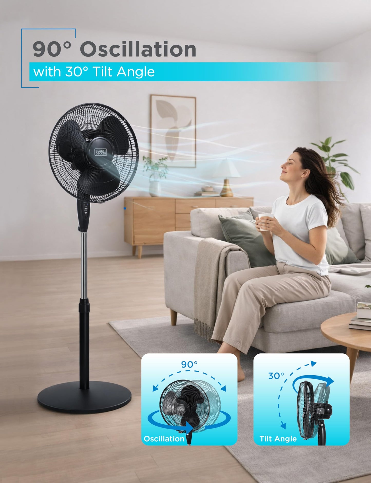 BLACK+DECKER 16-Inch Stand Fan with Pedestal Base, Height Adjustable Pedestal Fan with Remote and Touch Control Panel, Free Standing Fan with 90-Degree Oscillating and 3-Speed Settings, Black