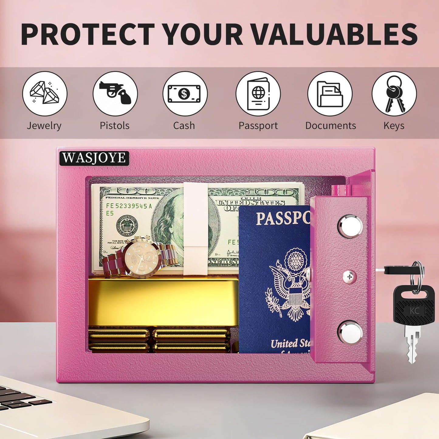 WASJOYE Home Cabinet Safe Box, Key Lock Coffre Fort High Security Safety Box, Safes for Home Office Hotel, Cabinet Safe Box for Money Cash Jewelry Medicine Passport (0.5 Cu Ft, Pink)