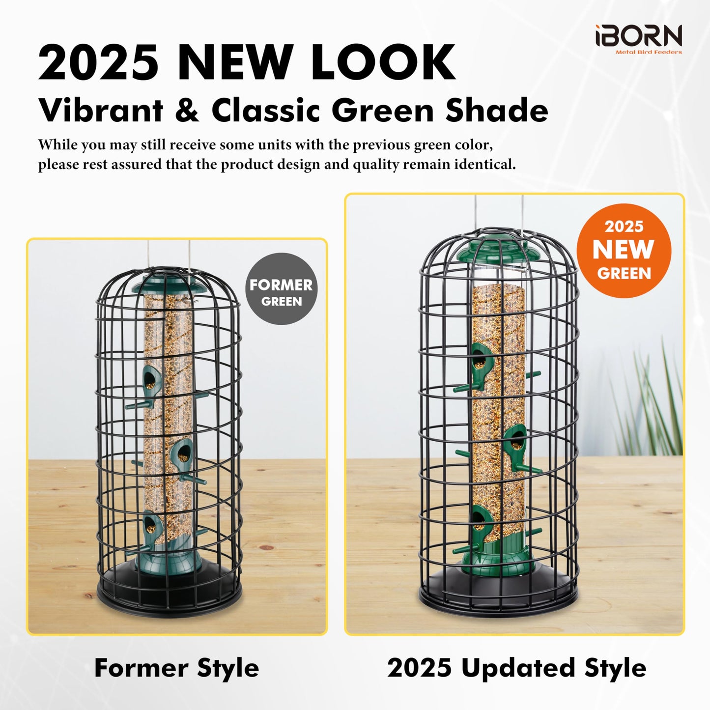 iBorn Squirrel Proof Bird Feeder Pigeon Proof Cage Bird Feeder for Outside with Squirrel, Pestoff Hanging Wild Bird Seed Feeder for Mix Seed Blends, Heavy Duty All Metal Green 14 Inch