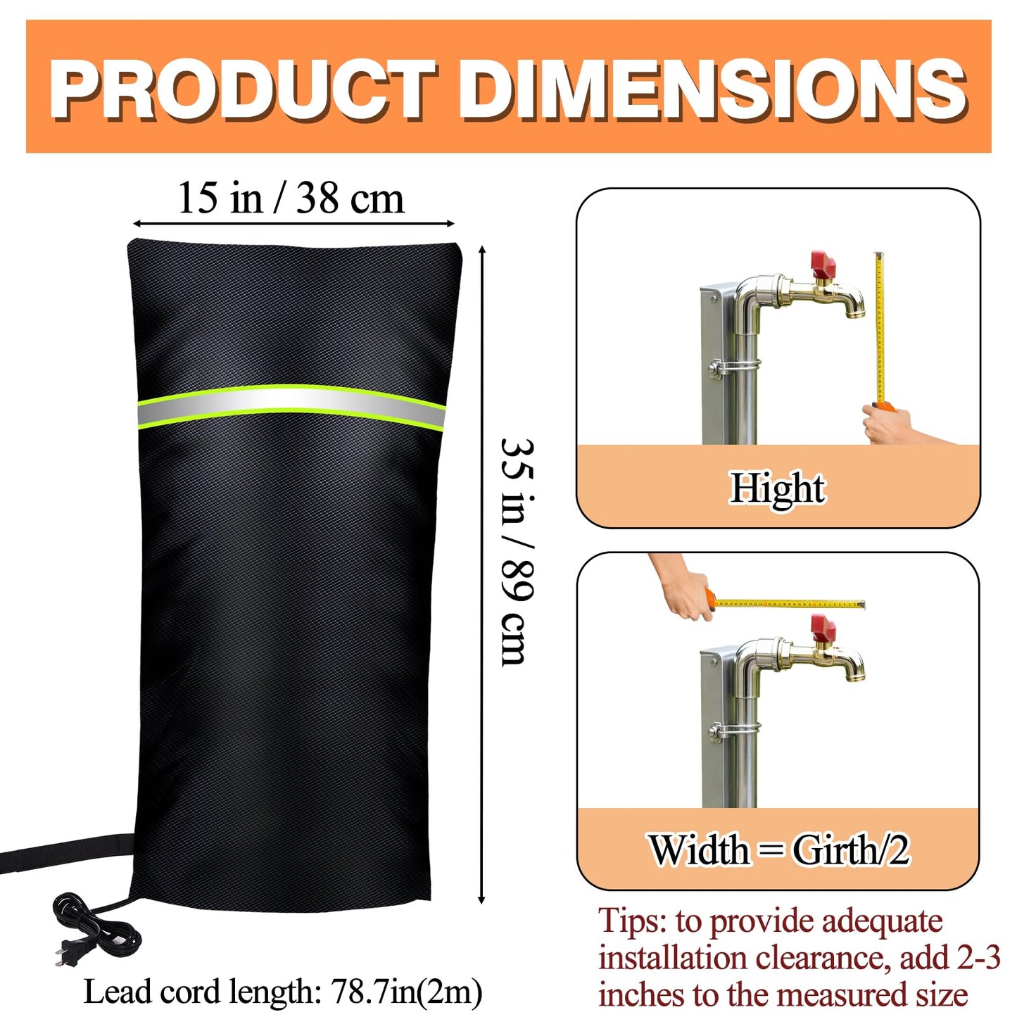 Heated Outdoor Faucet Covers for Winter, 35 X 15 Inches Outdoor Anti Freeze Water Spigot Hose Bib Cover Heater Faucet Socks for Garden Lawn Faucet Insulated Spigot Protector, Black