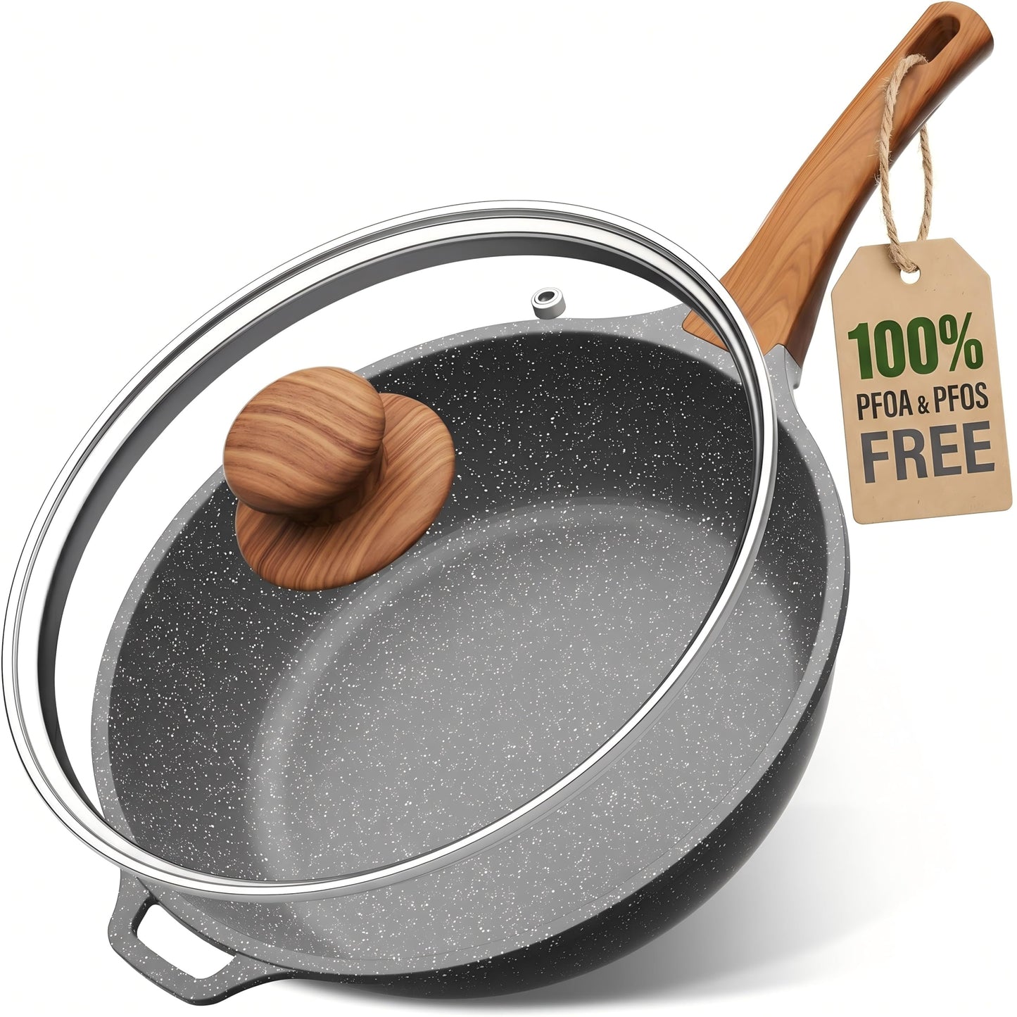 YASHE 12 Inch Nonstick Skillet with Lid, 5 QT Deep Frying Pan, Granite Non Stick Saute Pan with Helper Handle, Large Skillet for Family Meals, Induction Compatible All Stovetops, PFOA/PFOS Free