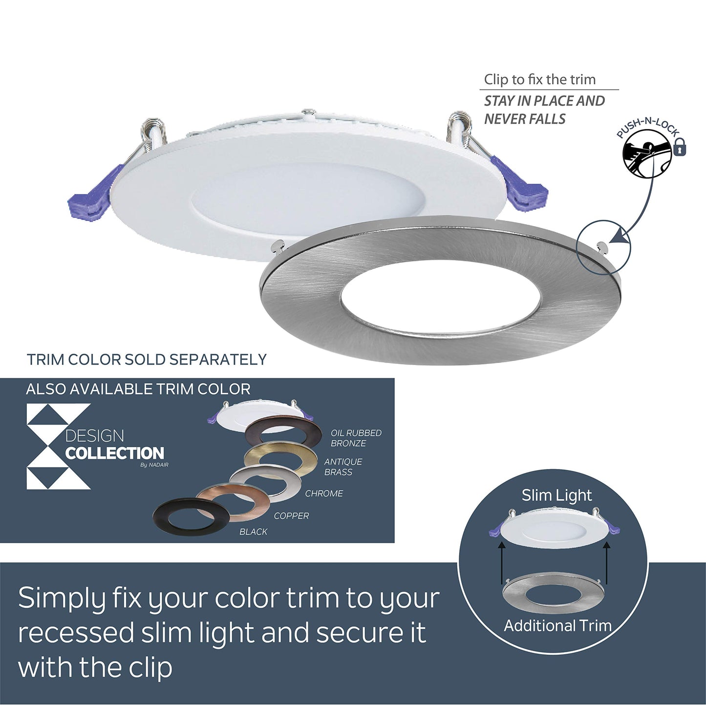 Nadair, 3’’ LED Recessed Ultra Slim Lights, 6-pack, IC rated, Dimmable, 6W=50W, 450 Lumens, 4000K ( Cool White), Large Junction box, Quick Connect System, White finish, Brushed Nickel Trim included