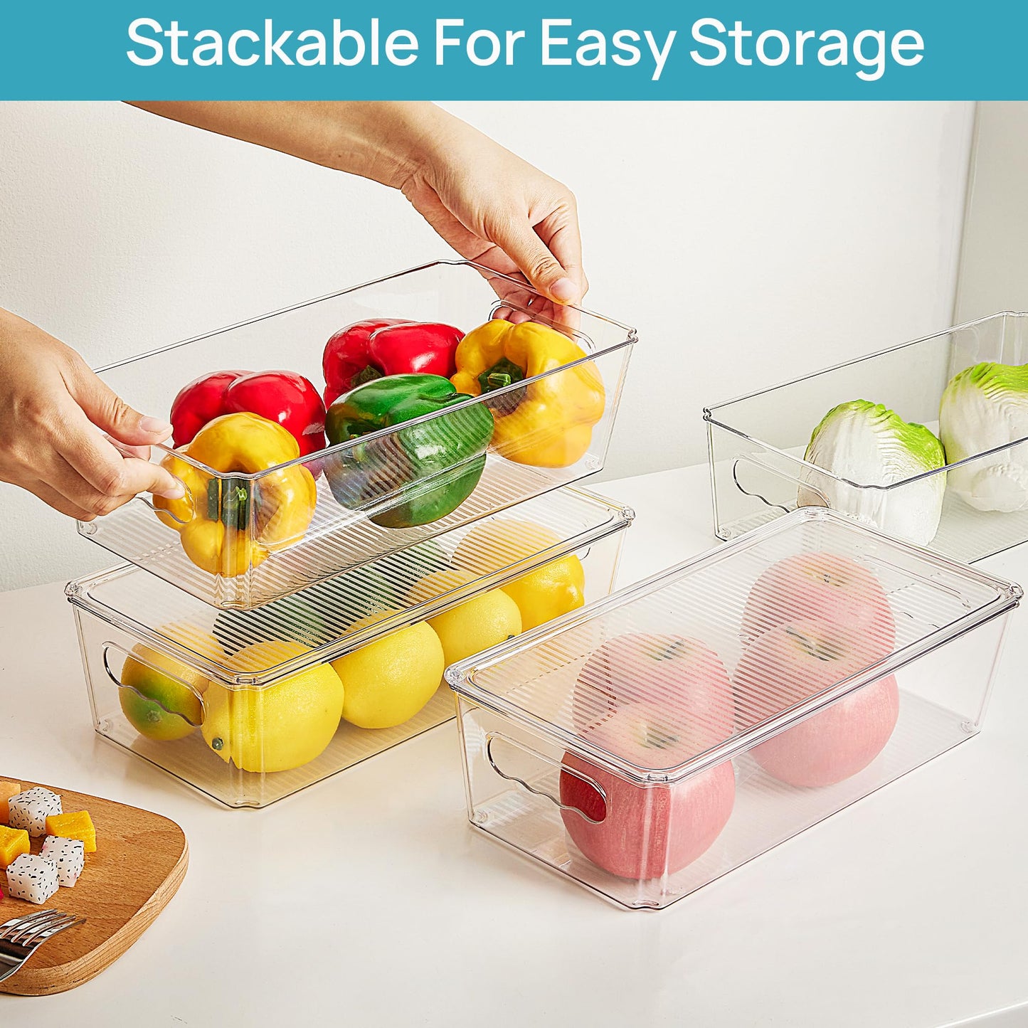 Vtopmart 12pcs Clear Organizers and Storage Bins with Lids, Stackable Plastic Storage Containers with Handles for Fridge, Freezer, Pantry, Cabinet, Kitchen Organization