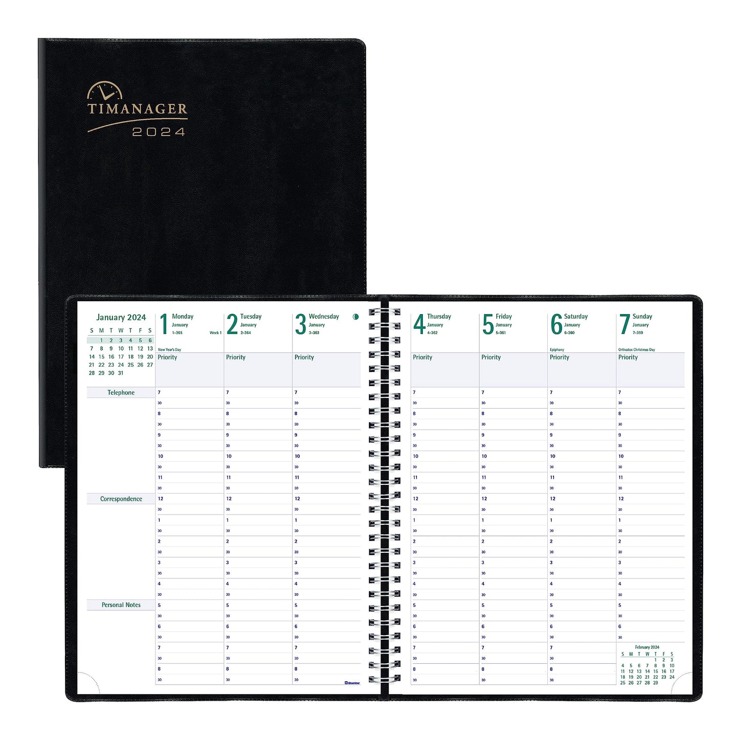 Blueline 2024 Timanager Planifi-Action Weekly/Monthly Planner, Appointment Book, 13 Months, December to December, Twin-Wire Binding, 11" x 8.5", English, Black (C5930.81T-24)