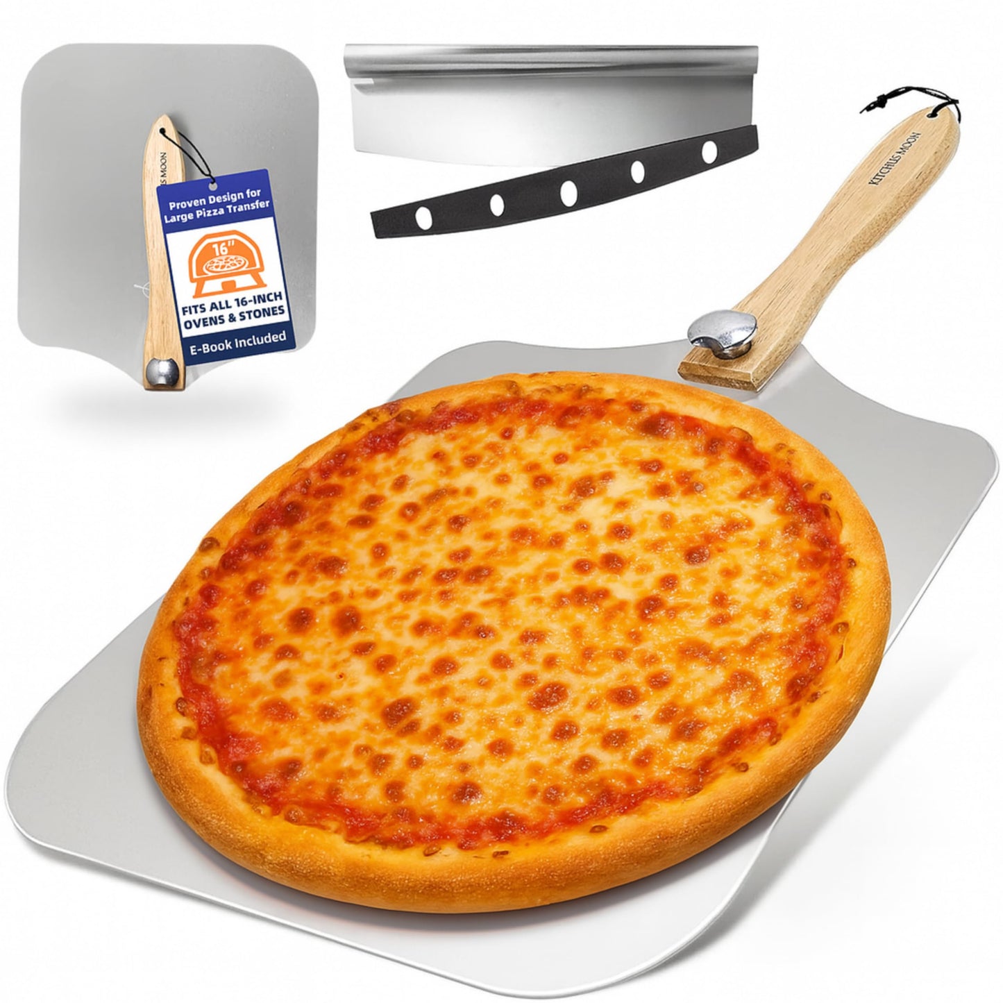 KITCHUS MOON Large Pizza Peel 16 inch - Extra Large Metal Pizza Peel with 14 inch Stainless Steel Pizza Cutter Rocker, Pizza Spatula Paddle to Move Large Pizza, Pizza Paddle with Folding Handle