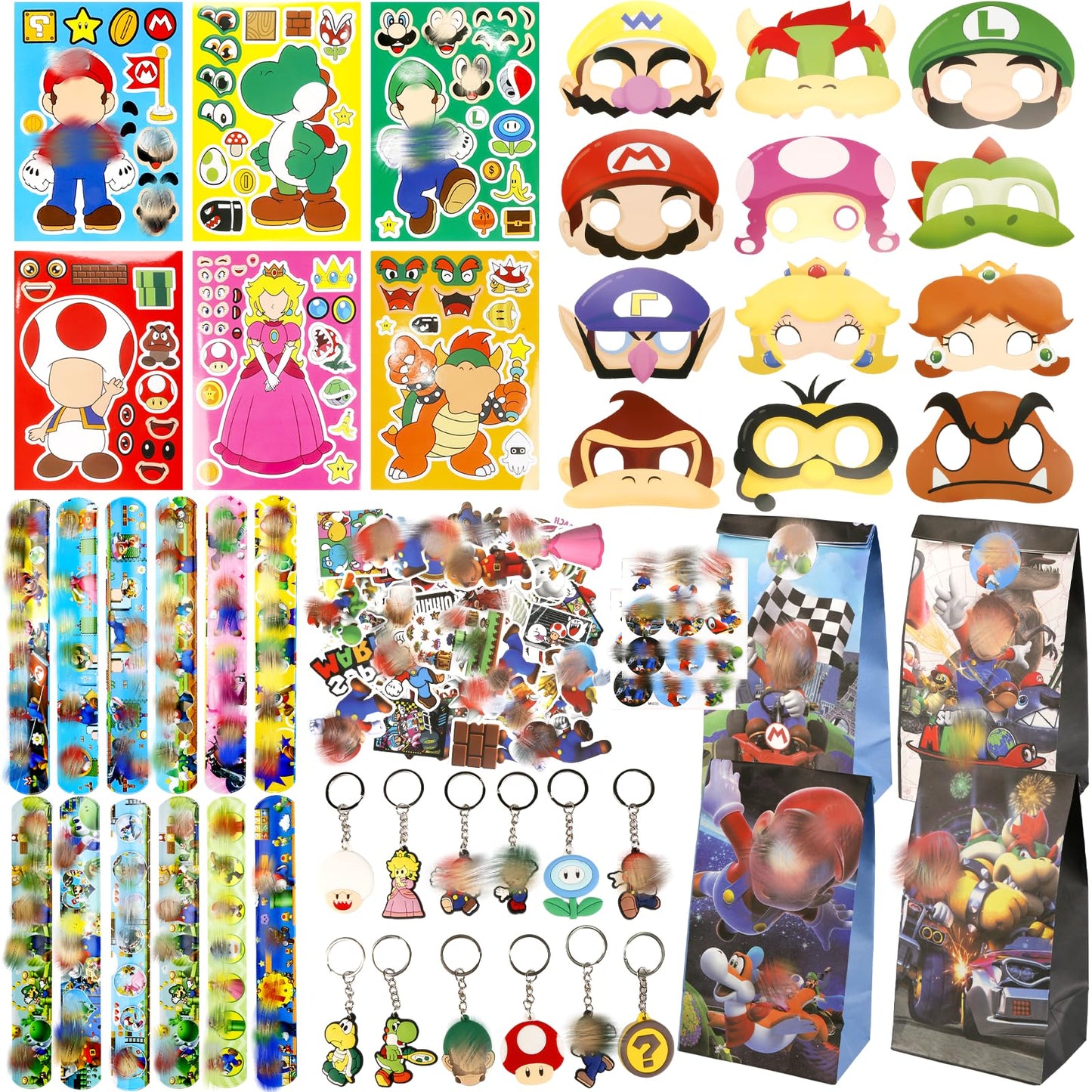 HALIFIN 128Pcs Mario Theme Party Favors, Kids Boys Girls Party Bag Fillers Birthday Party Supplies with Mask, Gift Bag, Stickers, Lapel Badge, Snap Ring, Shoe Charms