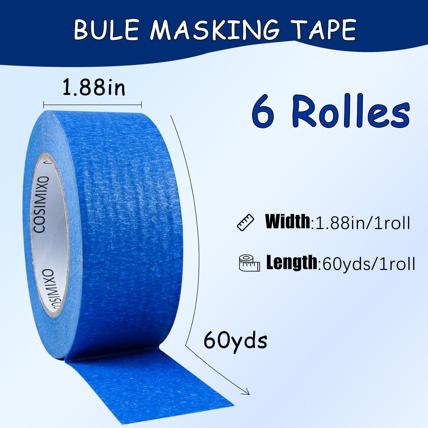 COSIMIXO Blue Painter's Tape 1.88 in x 60 Yds, 6 Rolls Pack – Professional Grade Masking Tape for Painting, Residue-Free Removal, Surface-Safe, Multi-Surface Use on Walls, Cars, Crafts & Labeling