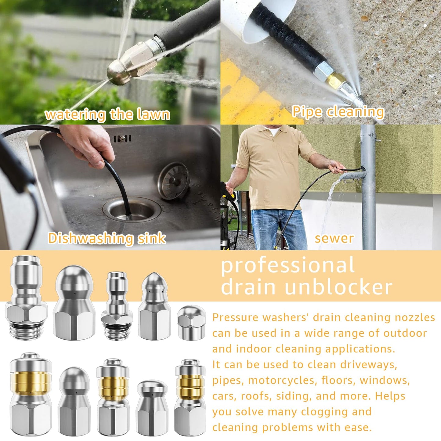 Wllead Jetter Heads Kit (Pack of 10) - Rotating Button Drain Cleaning Nozzle Tips for Pressure Washer Sewer Jetter - Stainless Steel 5000 PSI