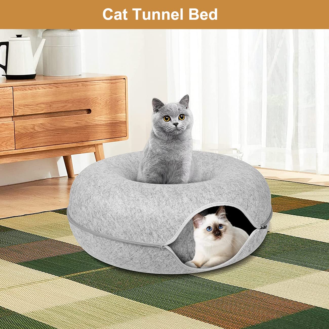 HY-MS Cat Tunnel Bed, Cat Hideaway Cave - Tunnel Bed for Cats Detachable Round Felt Cats Bed, Available in All Seasons(L, 60 * 60 * 27cm)