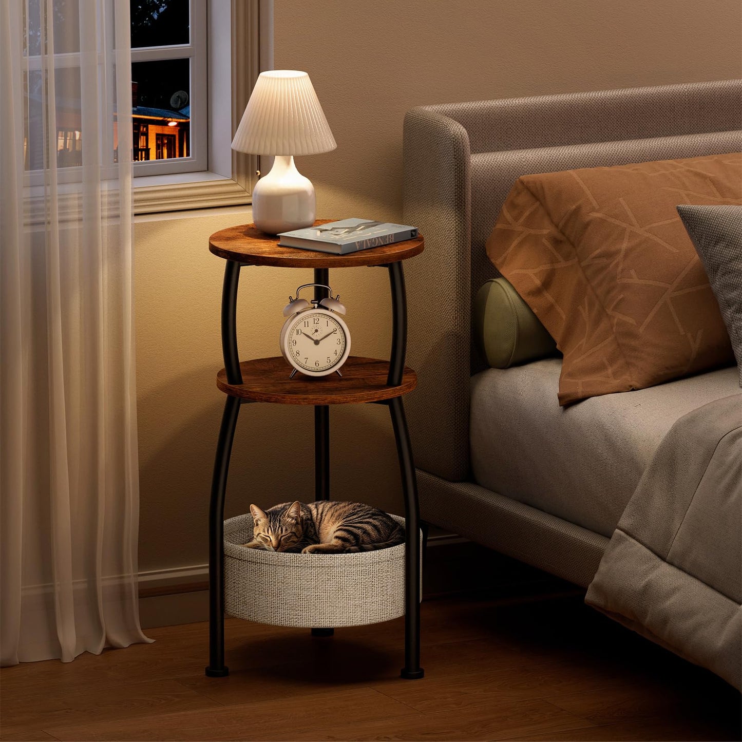 Yuede Side Table Living Room with Storage Basket, Round End Table 3-Tier Accent Nightstand Sofa Corner Table for Small Spaces, Bedroom, Narrow Spaces Coffee Table Rustic Brown