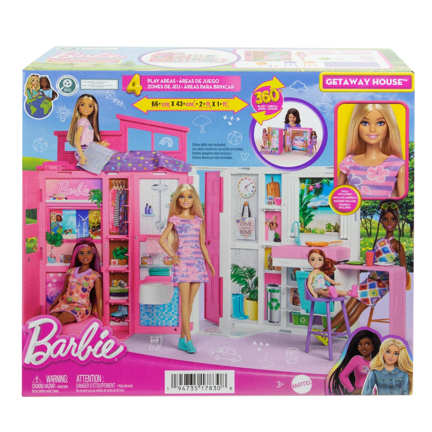 Barbie Doll and House Playset, Getaway House with 4 Play Areas Including Kitchen, Bathroom, Loft Bedroom and Lounge, 11 Decor Accessories