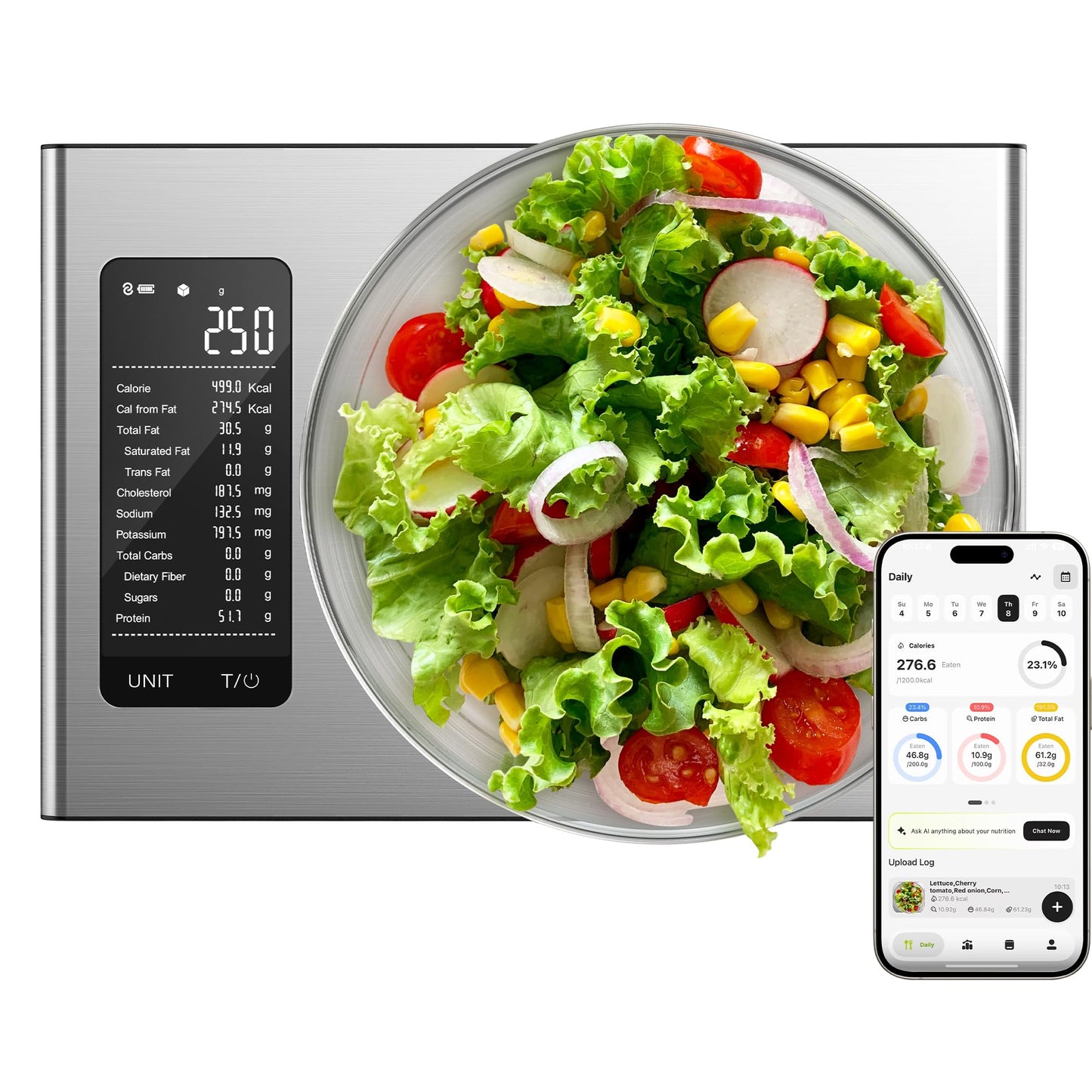 Ultrean Smart Food Kitchen Scale with Nutritional Calculator, Digital Grams and Ounces for Weight Loss, 19 Facts Tracking, Baking, Cooking, Portion Control, Macro, Keto, 10kg/22lb, Stainless Steel