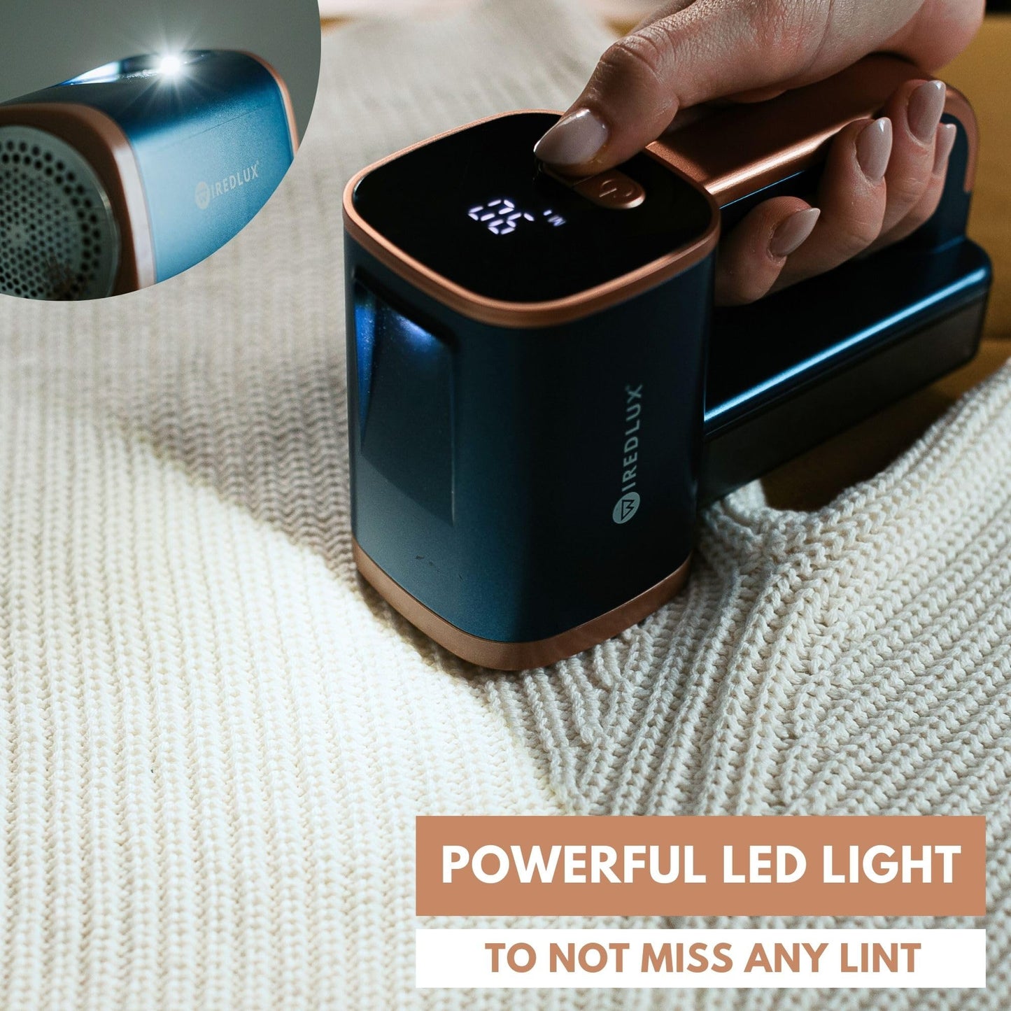 WiredLux Electric Lint Remover - Rechargeable Fabric Shaver for Clothes & Couch - Adjustable 3-Speed, 6-Leaf Blade, LED Light, USB Charging - Depiller with Dual Protection (Cobalt Blue/Copper)