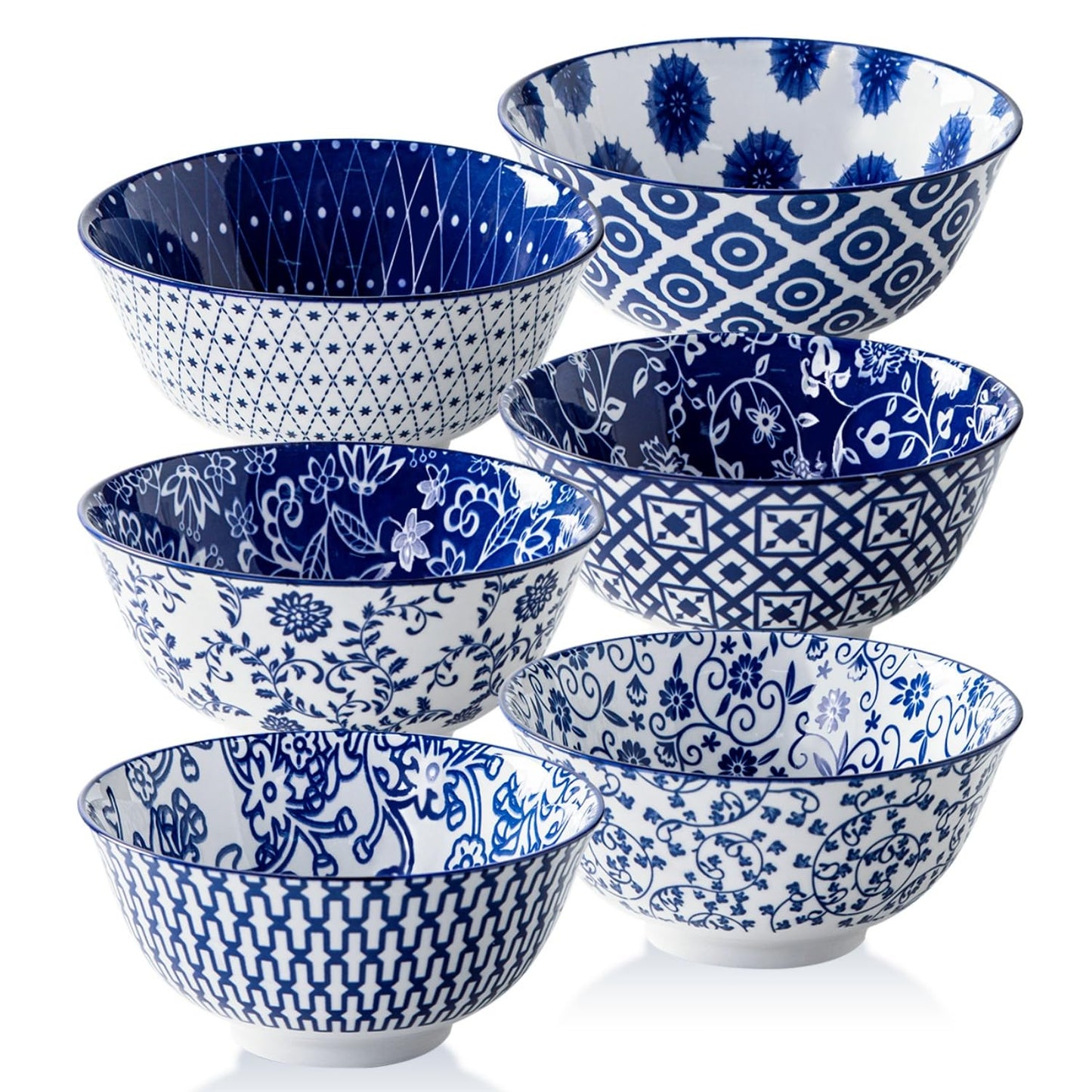 Cerkik Ceramic Soup Bowls Set – 24 Oz / 680 ml Deep Cereal Bowls, 6 Inch / 15.8 cm Large Porcelain Dinner Bowls for Salad, Pasta, Dessert, Oatmeal – Microwave Dishwasher Safe – Set of 6 – Vintage Blue