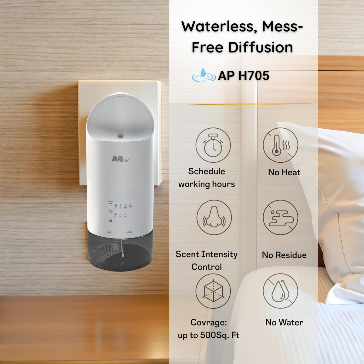 APelite™ Wall Plug-In Waterless Essential Oil Diffuser, Cold-Air Nebulizing Scent Machine, Light-Sensing Mode, 160ml Bottle, H705 Adjustable Home Fragrance