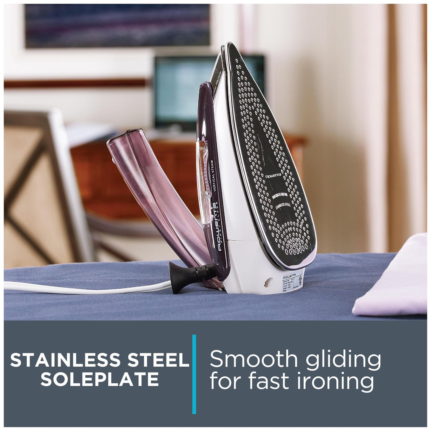 Rowenta Travel Iron, Pro Compact Stainless Steel Soleplate Hand Held Steamer Iron for Clothes, 200 Microsteam Holes, 1000 Watts Ironing, Fabric Steamer, Dual Voltage, Purple, DA1560