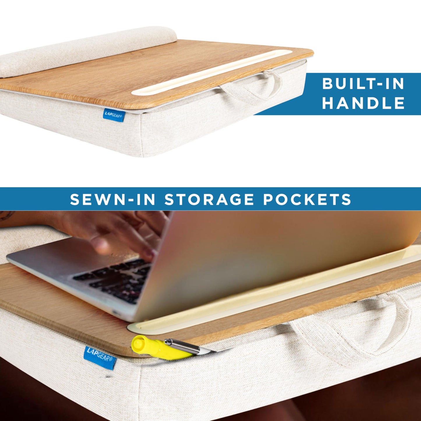 LAPGEAR Portable Laptop Lap Desk with Pillow Cushion, Anti-Slip Strip, Tablet or Phone Storage Slot, Pen and Pencil Pocket, and Wrist Rest - White Oak Woodgrain - Fits 15.6" Laptops - Style No. 91349