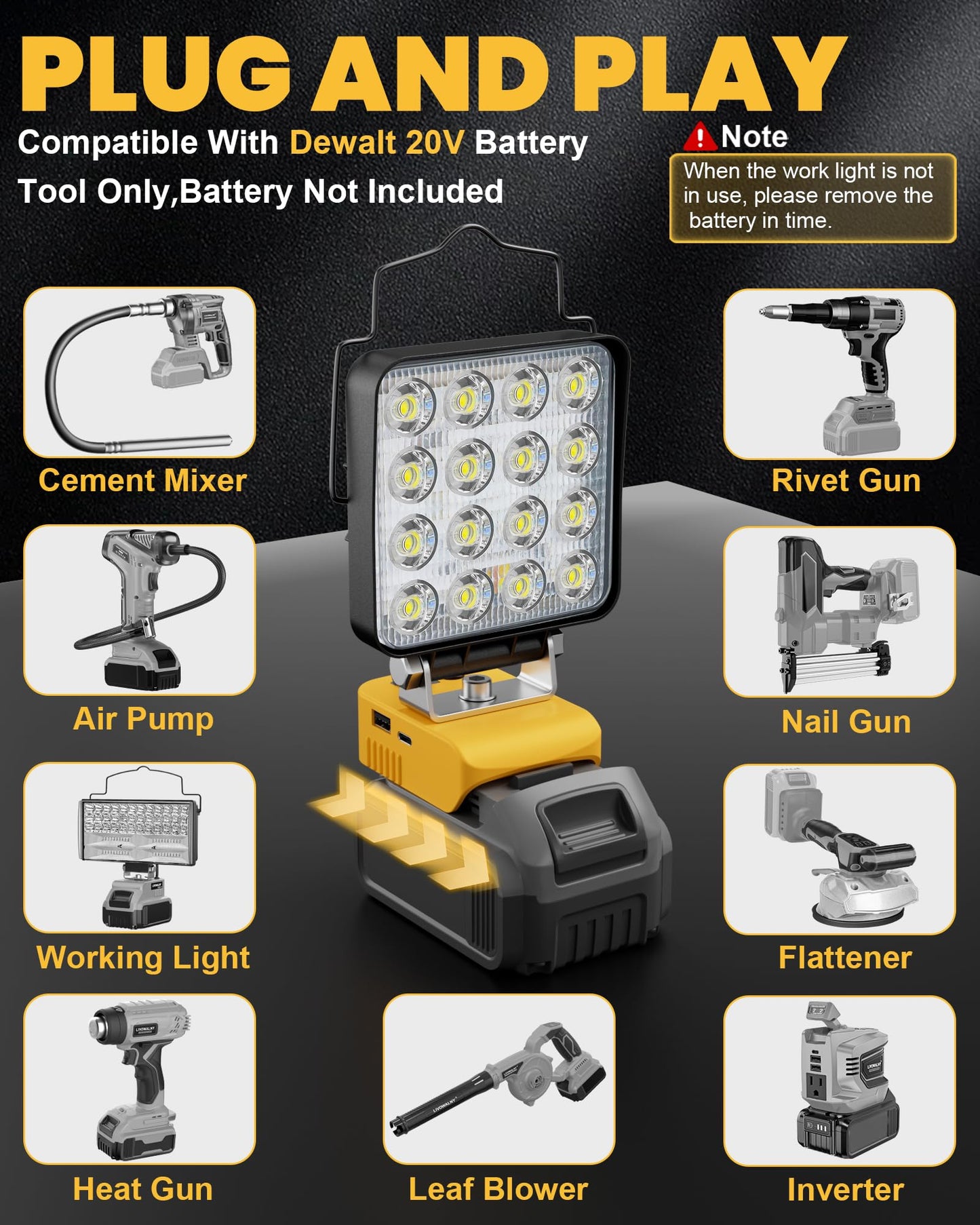 LIVOWALNY Cordless LED Work Light Compatible with Dewalt 20v Battery, 112W 11200LM Flashlight, Portable LED Flood Battery Light with USB A & USB C Charging Output Port for Emergency