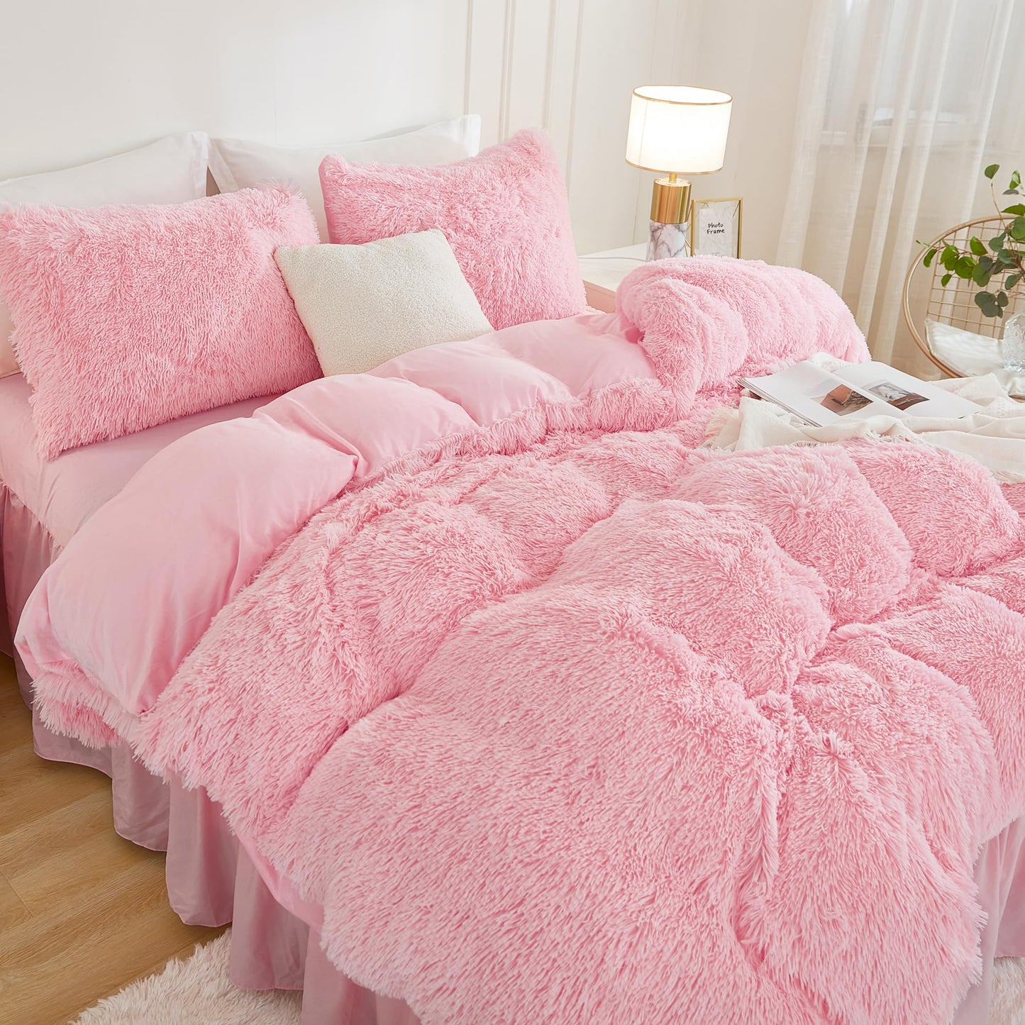 Andency Faux Fur Pink Comforter Set Queen Size, 3 Pieces Fluffy Fuzzy Plush Bedding Comforter Set (1 Shaggy Velvet Comforter & 2 Pillowcases), Soft Puffy Comfy Down Alternative Comforter Bedding Set