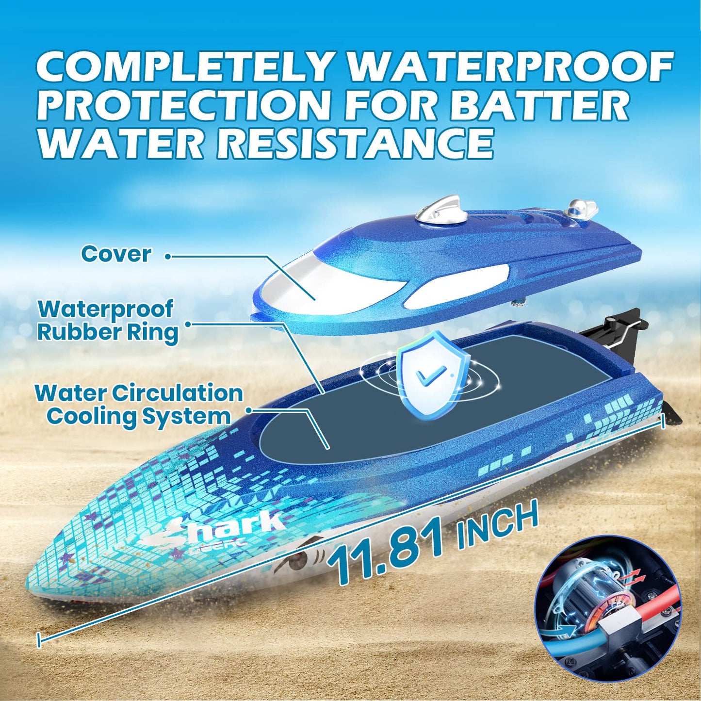 DEERC High Speed RC Racing Boat W/Shark Graffiti, 20+ MPH, Fast Remote Control Boat W/LED Lights for Pools and Lakes, 2.4Ghz RC Shark Toy for Kids & Adults, Demo Mode, Capsize Recovery, Water Toy