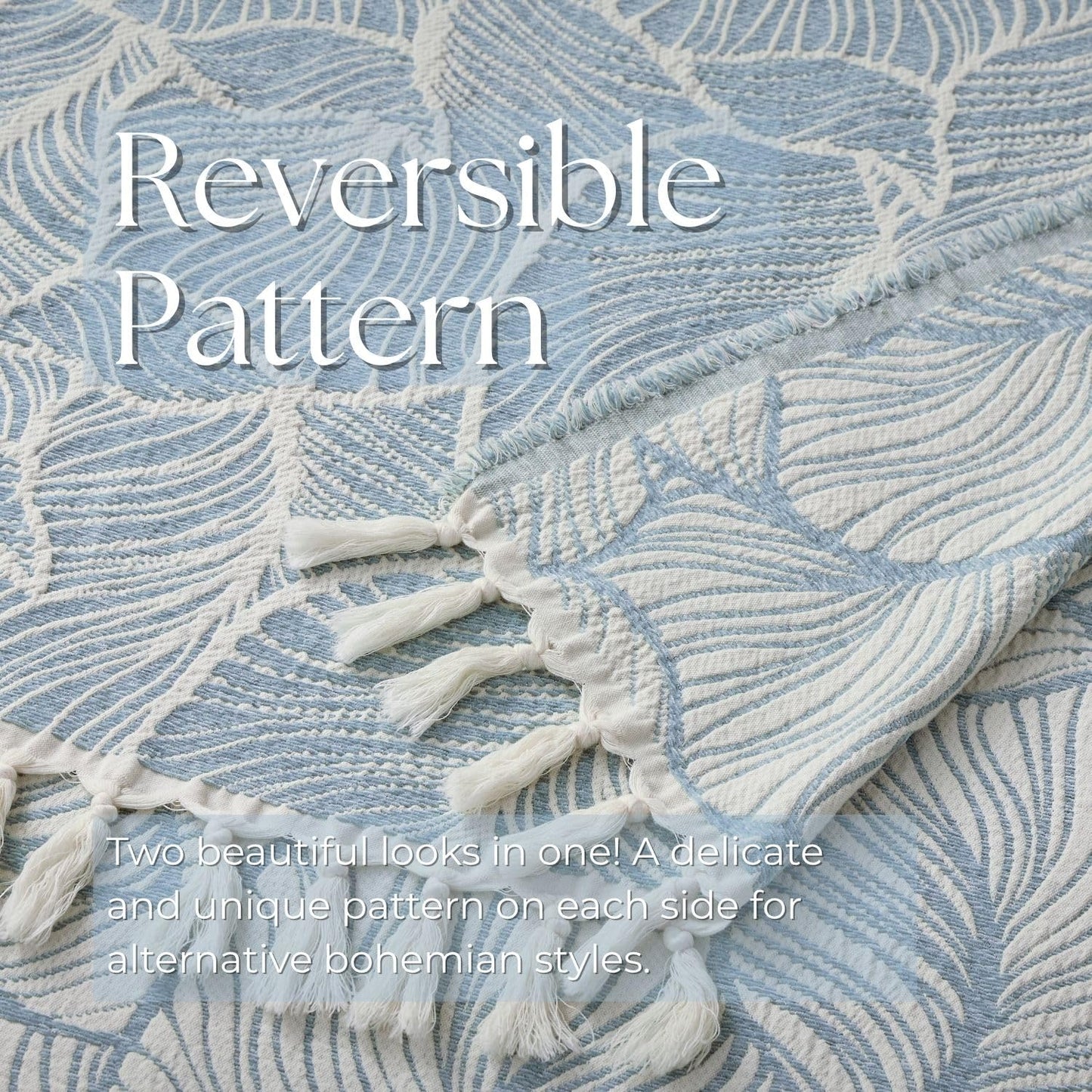 DOWN HOME Chenille Cotton Throw Blanket for Couch, Lightweight Boho Blanket for Bed Sofa Chair Living Room Outdoor Soft Woven Decorative Blanket with Tassel Gift Blue Leaves 55"x60"