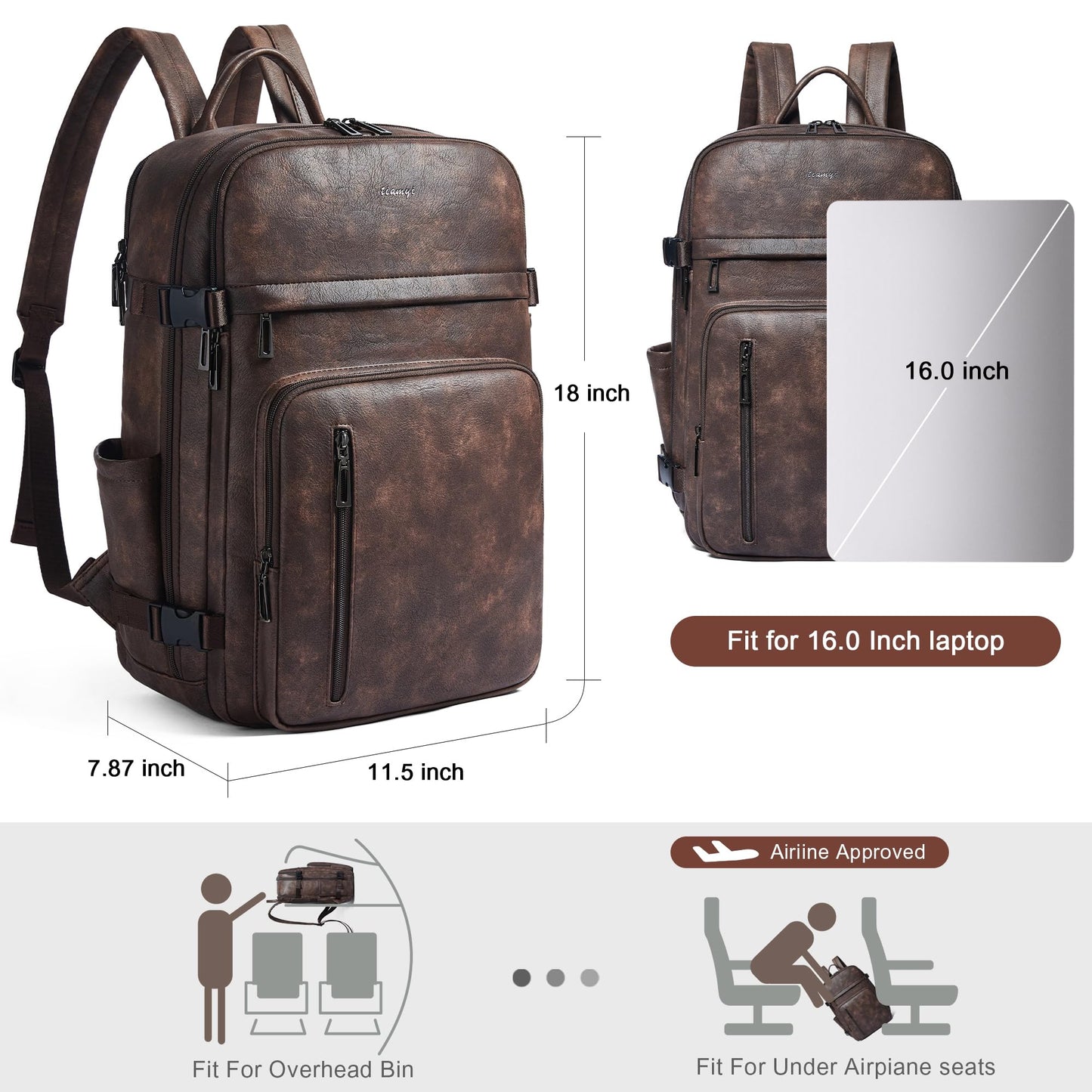 Tiamyi Travel Backpack for Women, Fits 17.0" Notebook, Stylish Lay-Flat Carry-on Vegan Leather Backpack with Luggage Strap for Travel and Daily Use, Coffee