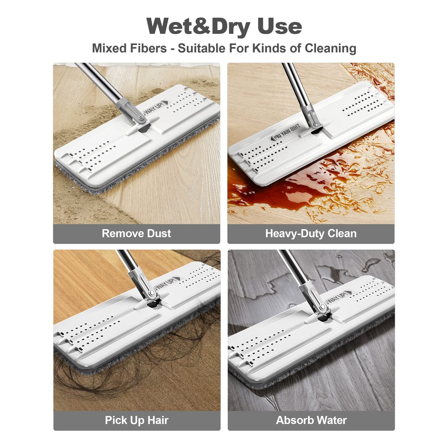 JOYMOOP Flat Mop Pads, Microfiber Mop Cleaning Pads, Washable Pads, Pads Replacement for Flat Mop or Mop Bucket Set, Pack of 4 Refills 15inch - Grey and Stripe
