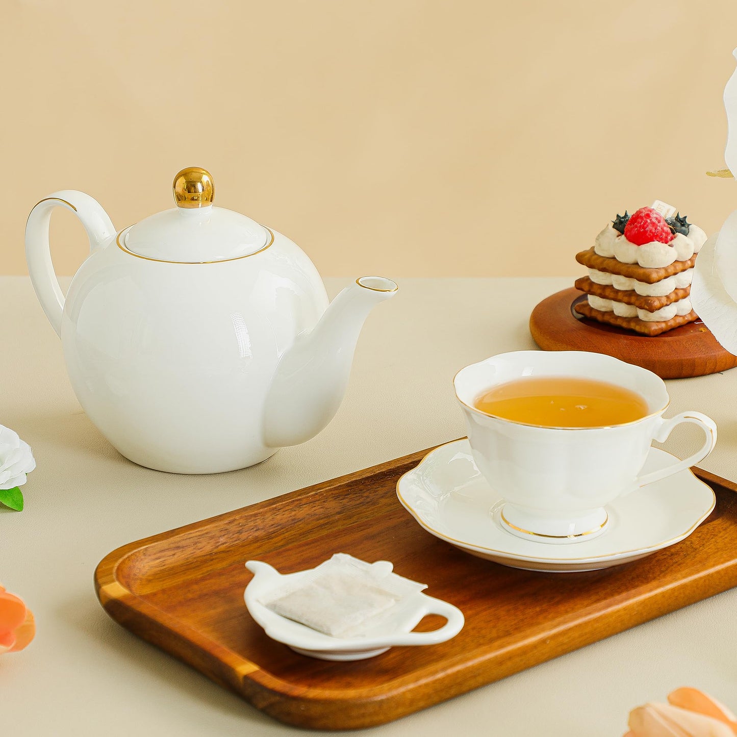 PRECITIME White Ceramic Tea Cup and Saucer Set of 8 (16-Piece) - 6oz Elegant Porcelain Cups with Gold Rim, 8 Cups & 8 Saucers for Tea Party