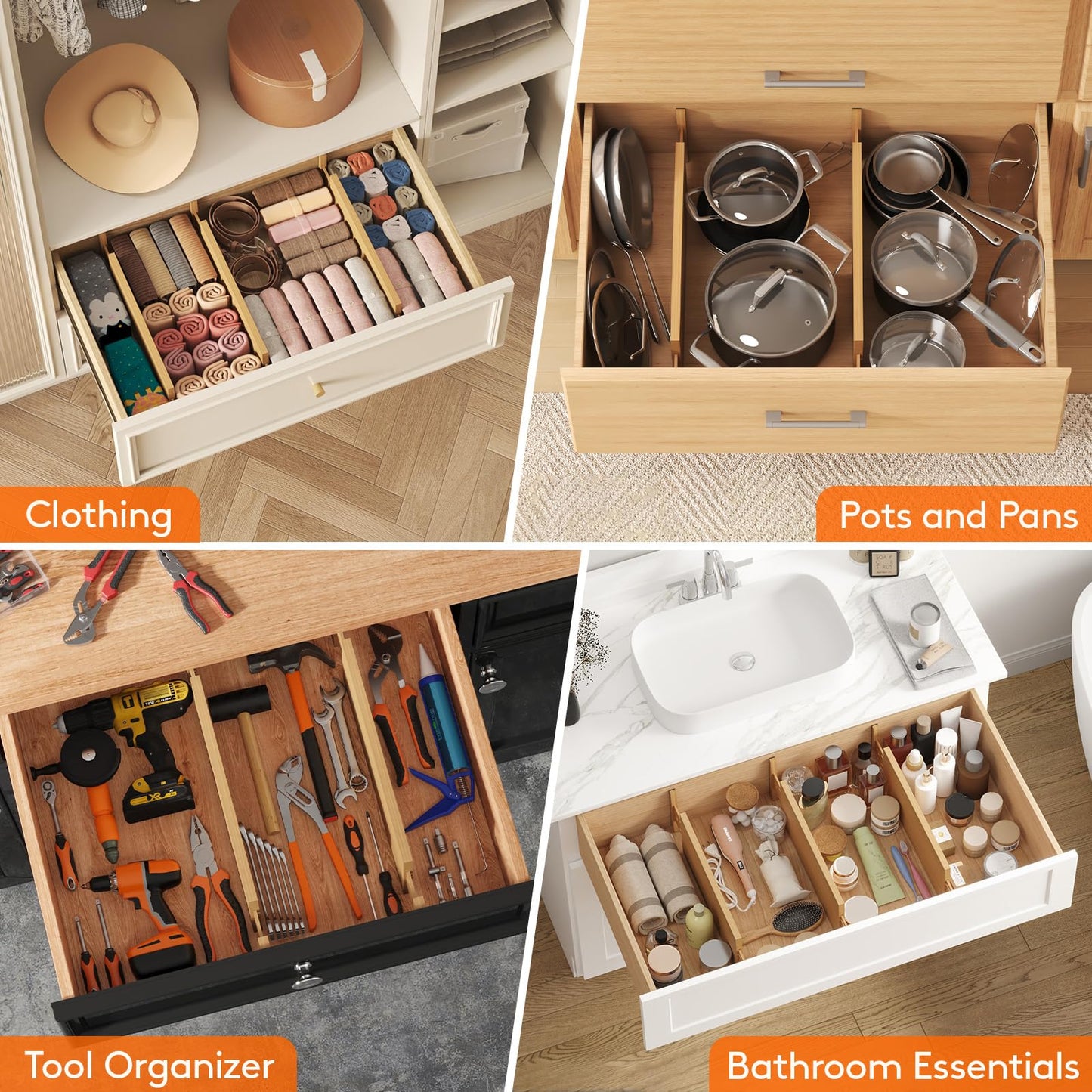 Lifewit Bamboo Drawer Dividers, Adjustable Clothes Drawer Organizers, Expandable Dresser Separators in Bedroom/Bathroom/Kitchen/Office Organization and Storage, 5" High 17.5-22.0" Long, 6 Pack