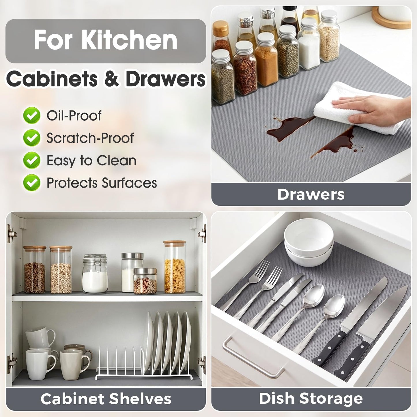 MIAONET Drawer Liner Shelf Liner Food-Grade EVA Shelf Liners for Kitchen Cabinets BPA-Free Non-Adhesive & Slip Waterproof Easy Cut Install Protetion for Fridge Pantry Cabinet (24in x 20ft, Grey)