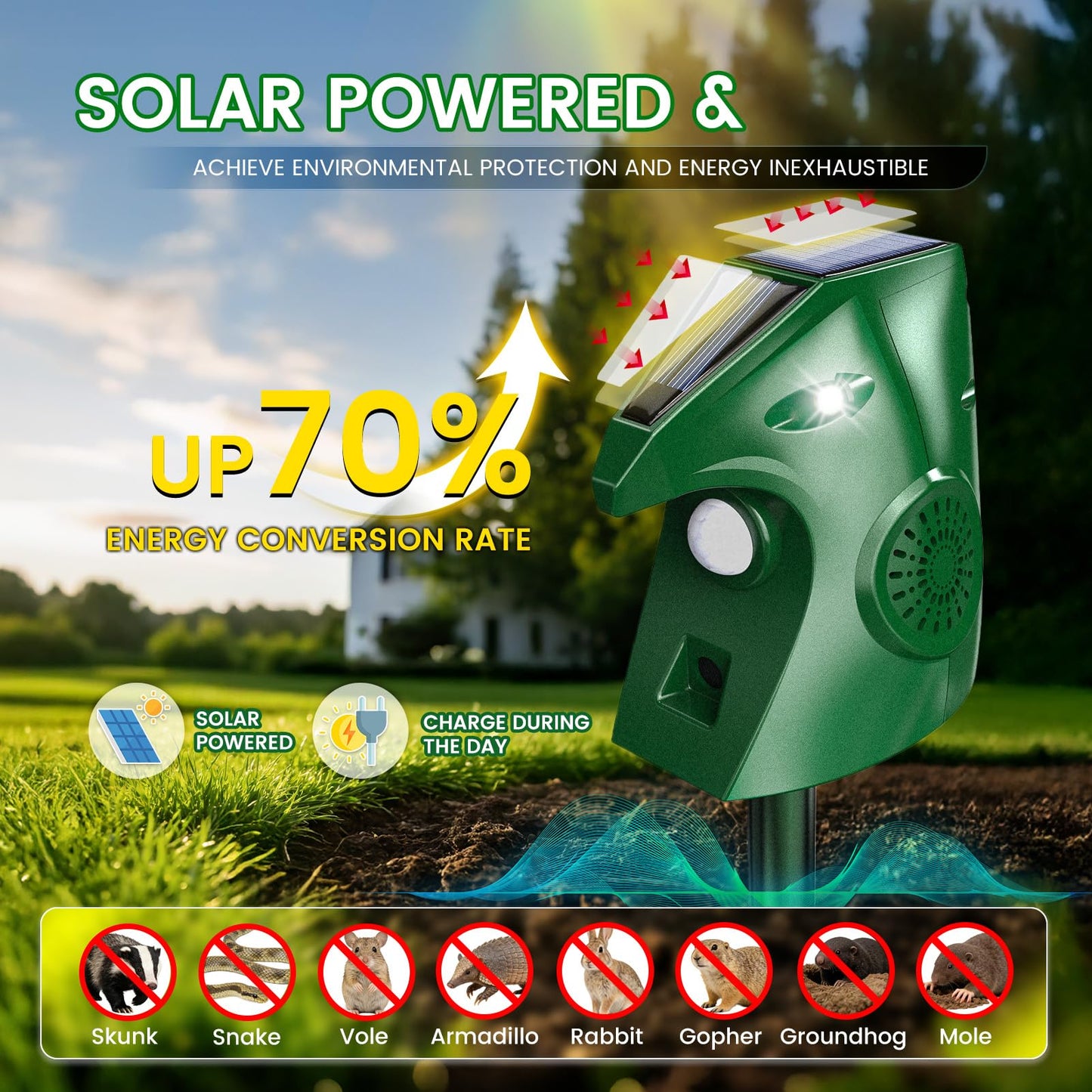 Ultrasonic Animal Repellent Outdoor, Solar Power Cat Rodent Raccoon Repeller, Squirrel Skunk Control Device with Motion Sensor and FIashing Light, Waterproof Rabbt Snake Deterrent for Outdoor