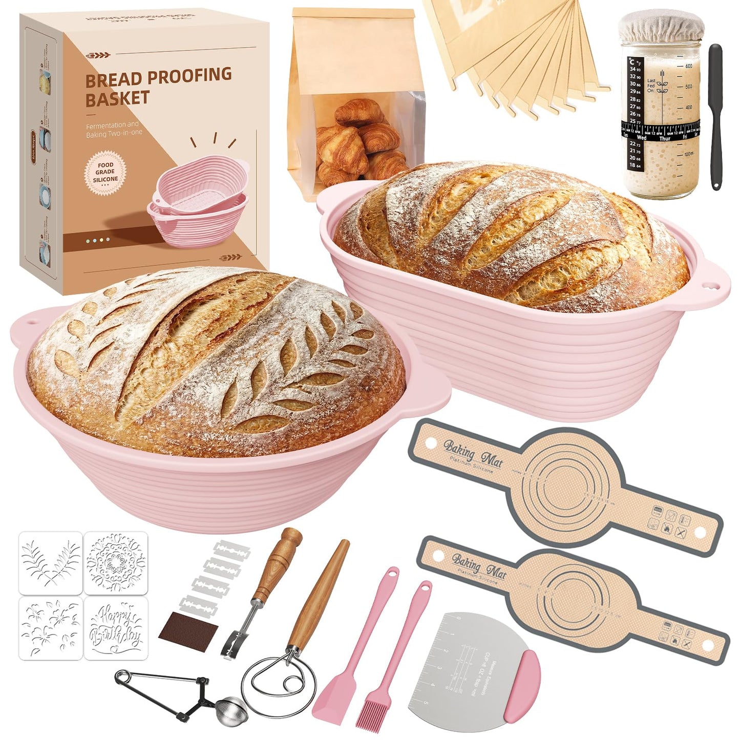 MQFORU Sourdough Bread Starter Kit, 30Pcs Sourdough Starter Kit, 9" Round and 10" Oval Banneton Proofing Basket 730ml Starter Jar, Easy to Fold and Washable Microwave-Safe, Gift for Baking Enthusiasts