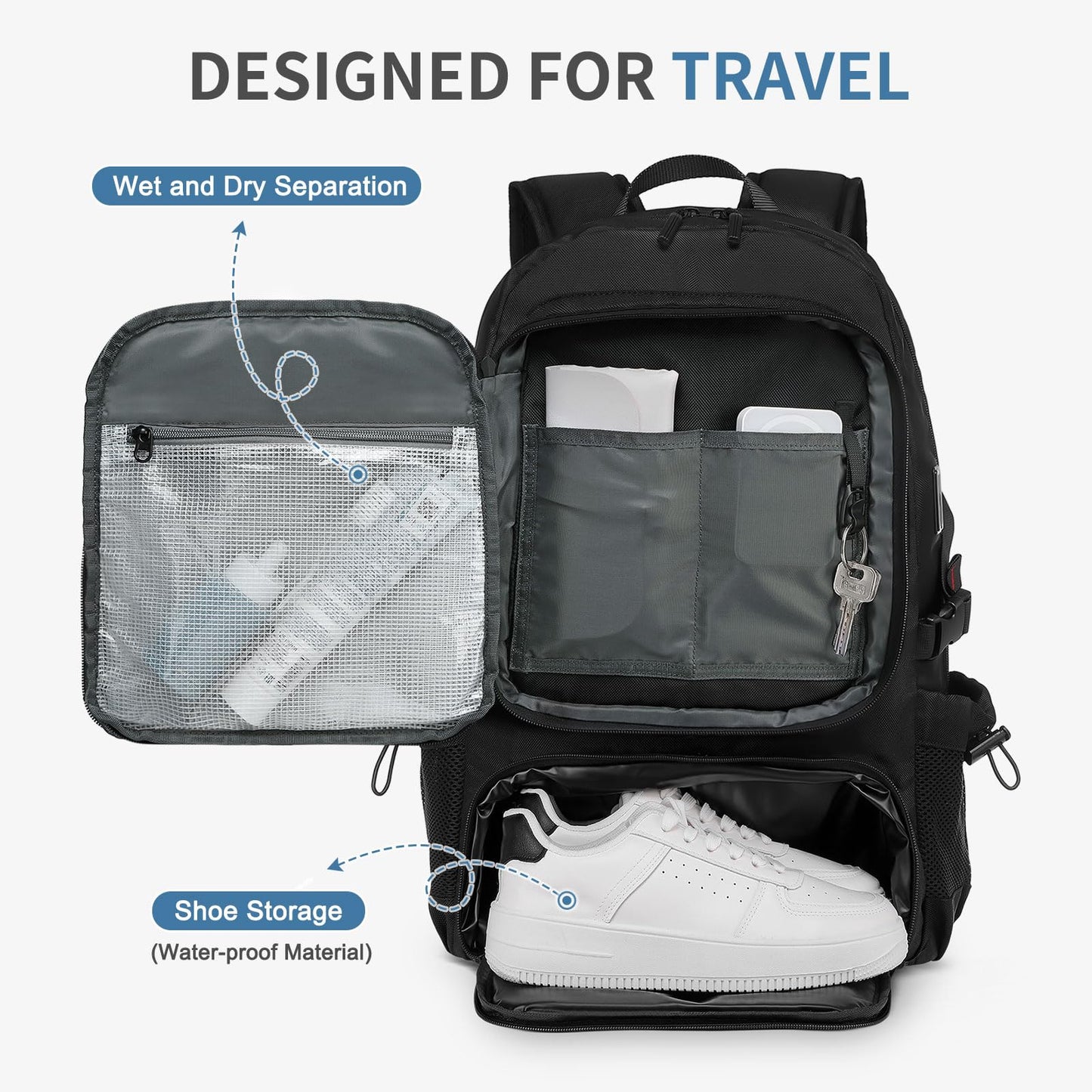 SUIKIHUM Travel Backpack 35L TSA Approved Carry on Backpack with Shoe Compartment & Wet/Dry Separation, Laptop Bag Fits 18.4 Inch Computer, Water Resistant Backpack for Men Women, Black