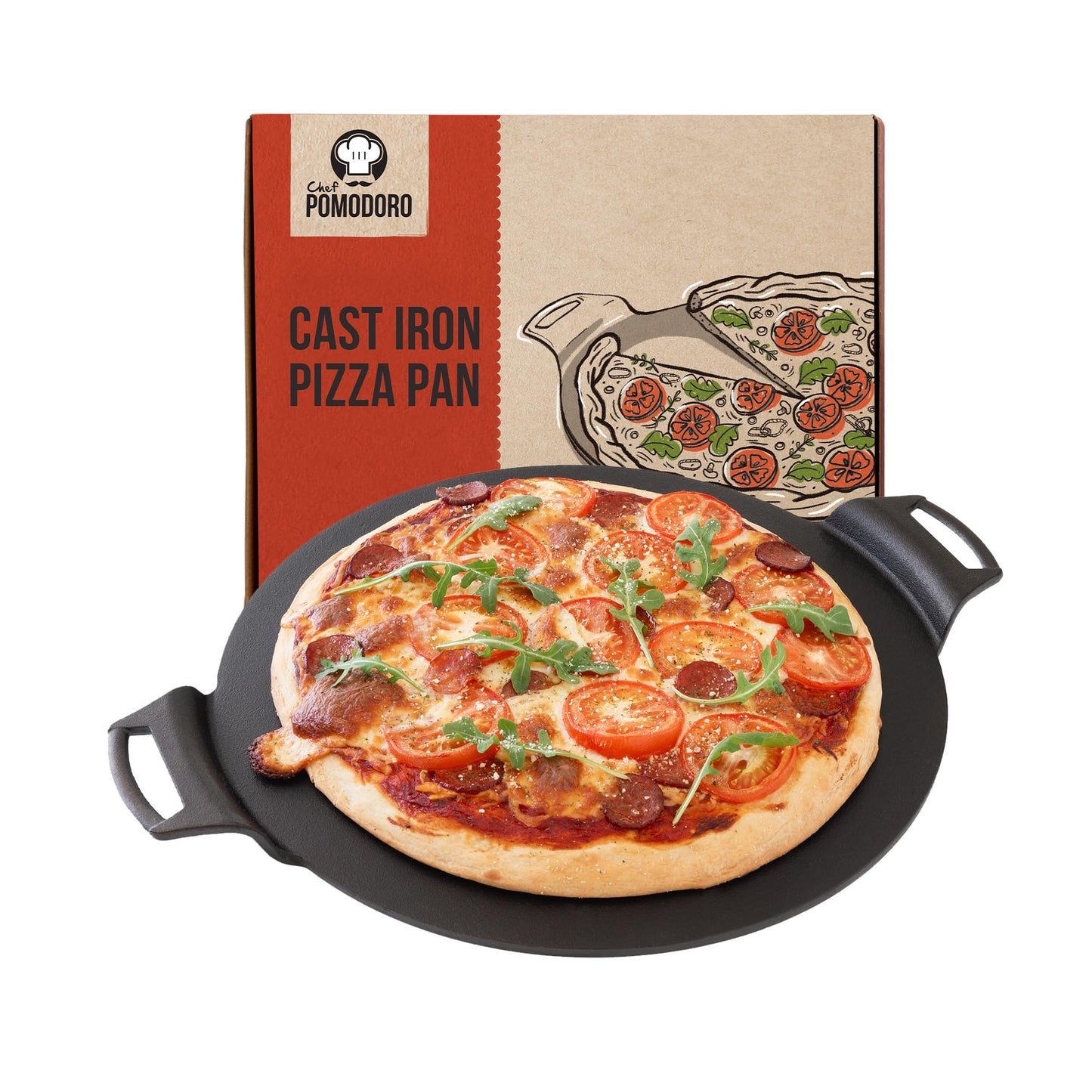 Chef Pomodoro Cast Iron Pizza Pan, Inch Pre-Seasoned Skillet, with Handles, Baking Pan, Round Griddle for Dosa Tawa Roti, Comal for Tortillas, Baking Stove, Oven, Grill BBQ and Campfire (15-inch)