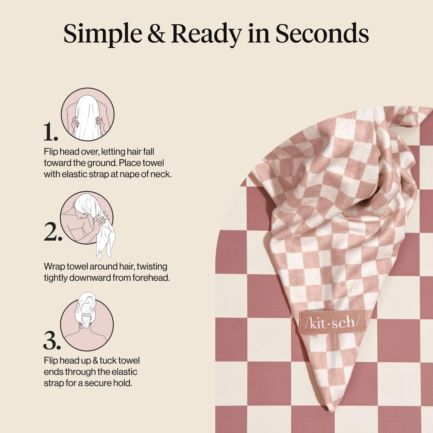 Kitsch XL Microfiber Hair Towel Wrap for Women – Ultra Absorbent Microfiber Towel for Wet, Curly, Long or Short Hair – Quick Dry, Anti-Frizz Hair Wrap – Terracotta Checkered, 40x24 inches