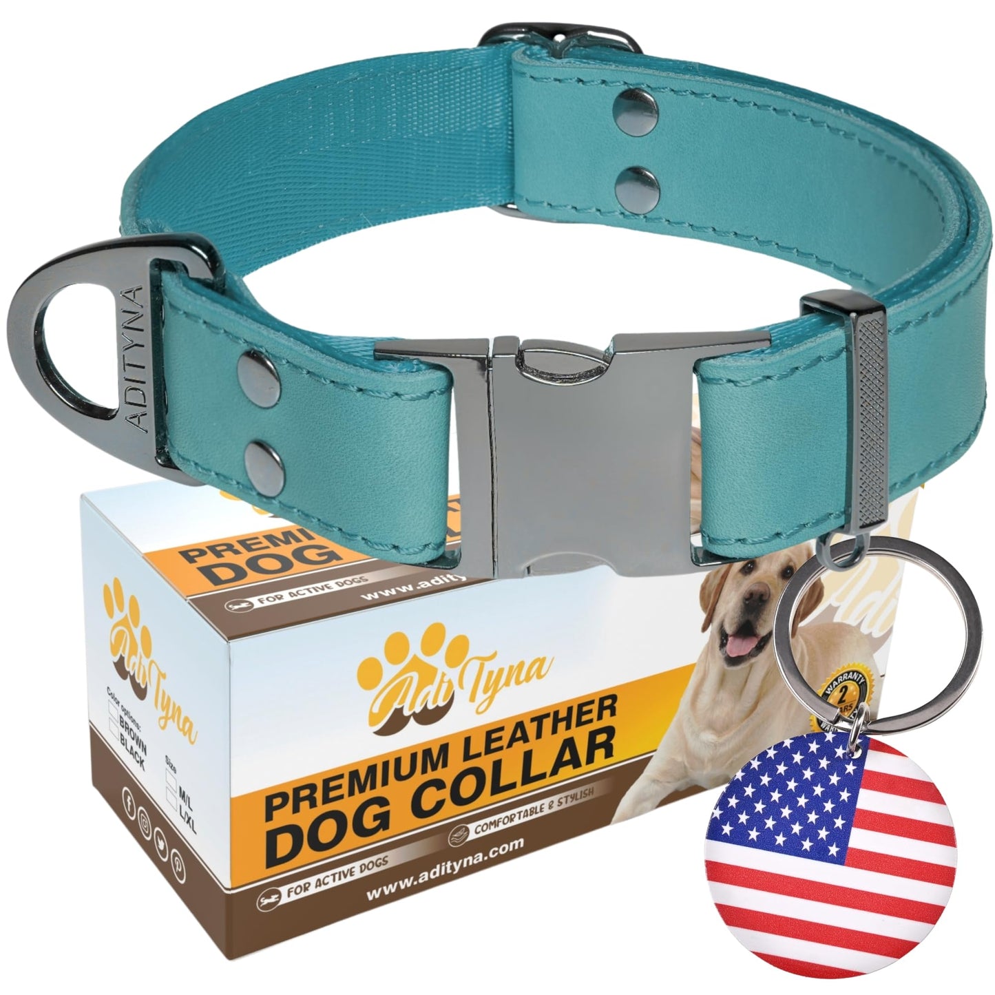 ADITYNA Leather Dog Collar with Metal Buckle - Heavy-Duty, Adjustable for Medium & Large Dogs - Walking, Training, Hiking (Blue, Fits 15-21" Necks)