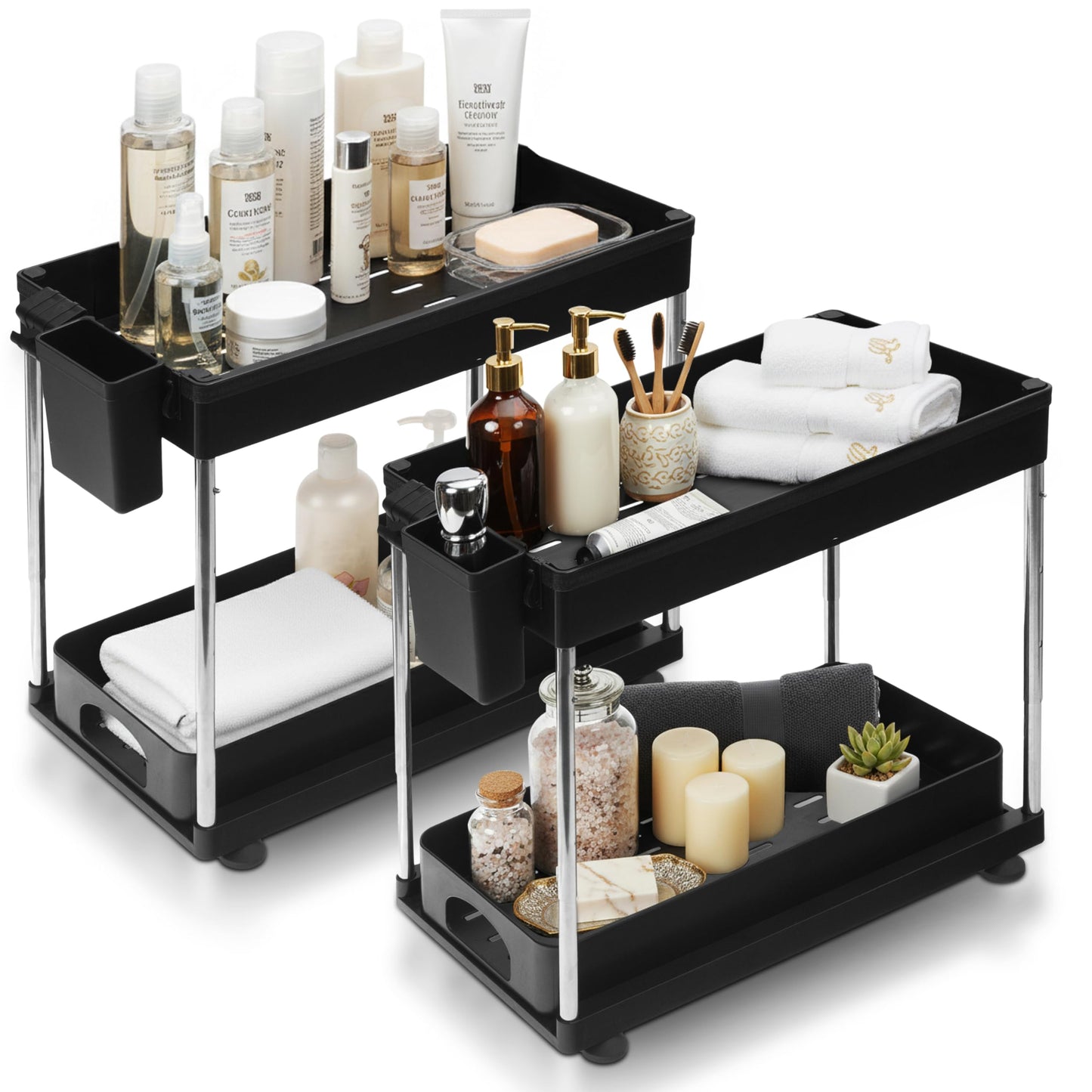 LargeMalls 2-Pack Under Sink Organizer with Sliding Drawers – Adjustable Height, Anti-Tip Design, Fits Around Plumbing – ABS Shelves & Stainless Steel Rods for Kitchen, Bathroom & Laundry Storage