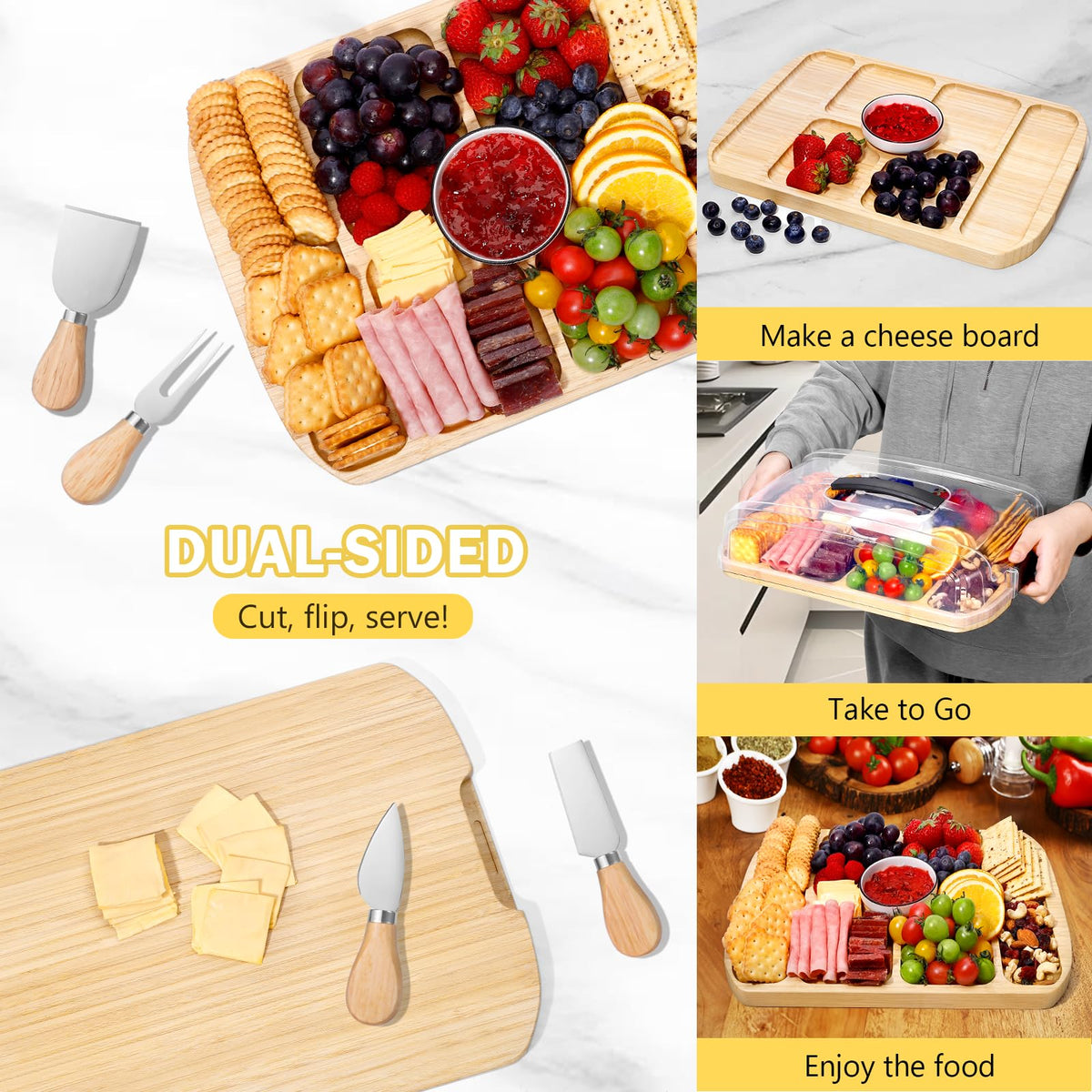 Portable Travel Charcuterie Board with Lid, 2 Sided Covered Cheese Serving Board to Go with 7 Compartments, Bamboo Charcuterie Box Gift Set with Round Fruit Tray for Picnic Travelling Gatherings