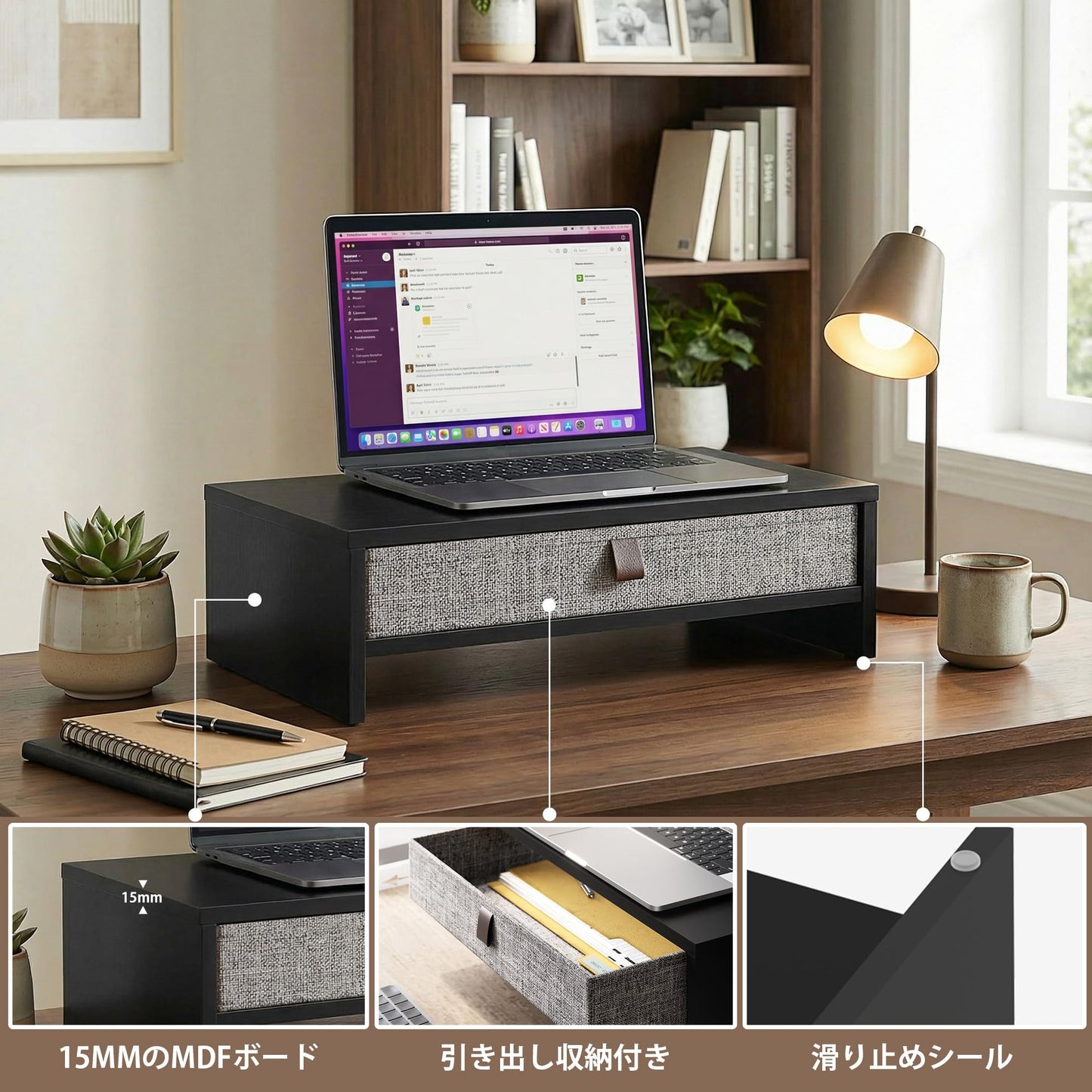 FENGE Computer Monitor Stand 16.7 inch 2 Tiers Laptop Riser with Drawer,Desk Organizer for Computer,Laptop,Screen,Printer,Black