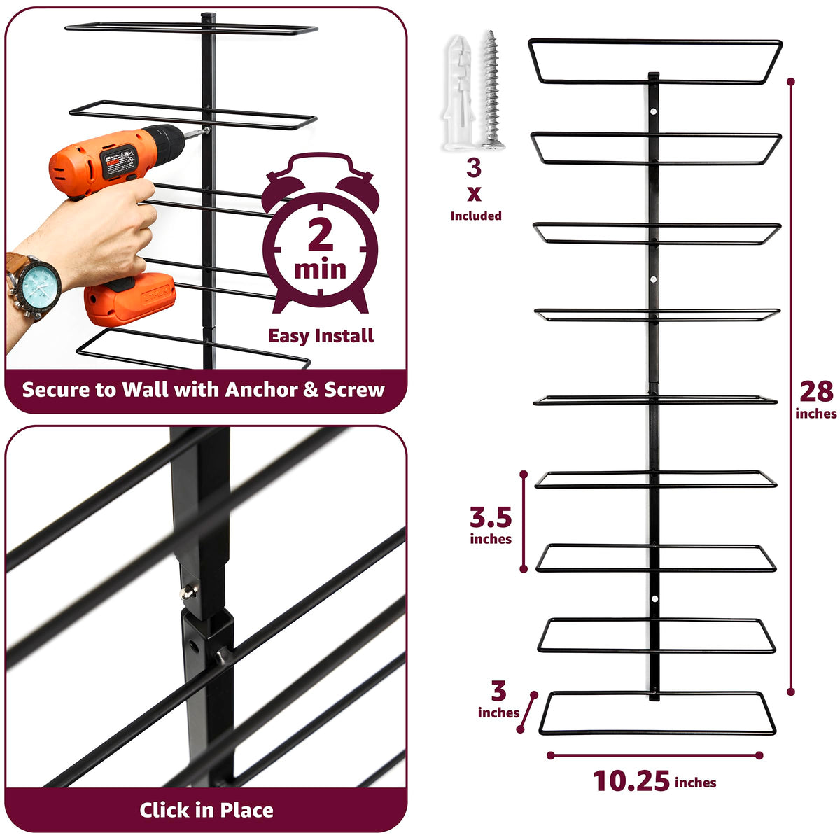 Sorbus Wall Mount Wine Rack – Holds 9 Bottles – Black Metal Wine Bottle Holder for Wall, Modern Wine Rack for Home Bar, Kitchen (2 Pack)